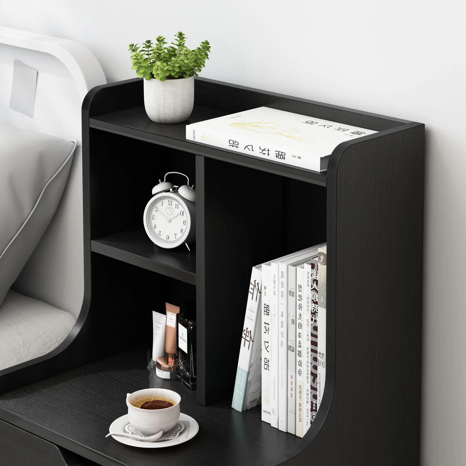 Twilight 2-Drawer Tall Bedside Table with Chest of Drawers and Shelves (Black Walnut) - Image 5