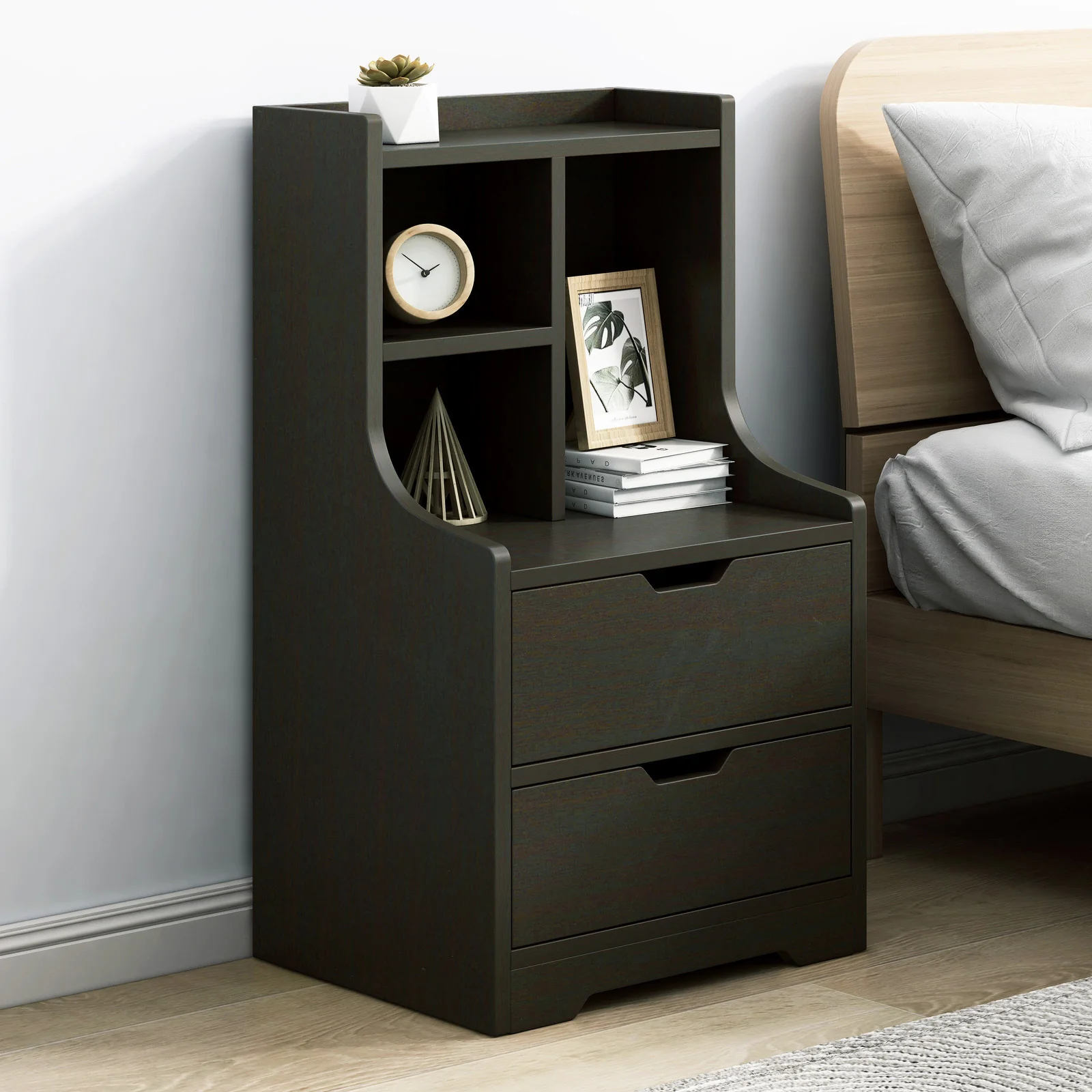 Twilight 2-Drawer Tall Bedside Table with Chest of Drawers and Shelves (Black Walnut) - Image 8