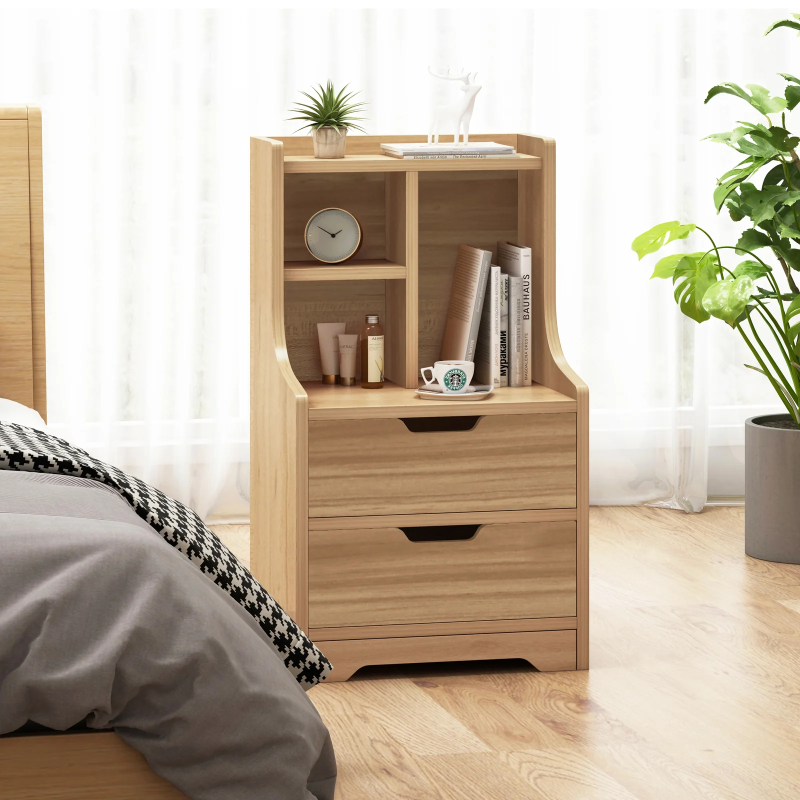 Twilight 2-Drawer Tall Bedside Table with Chest of Drawers and Shelves (Oak) - Image 3