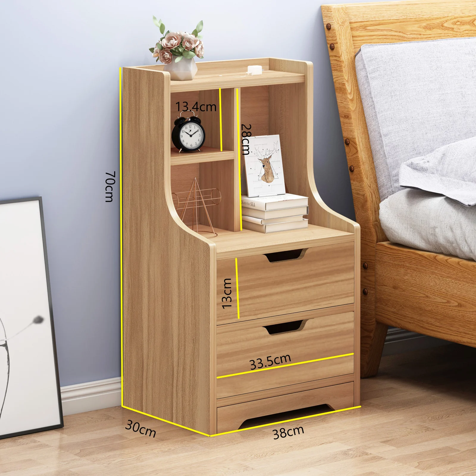 Twilight 2-Drawer Tall Bedside Table with Chest of Drawers and Shelves (Oak) - Image 4
