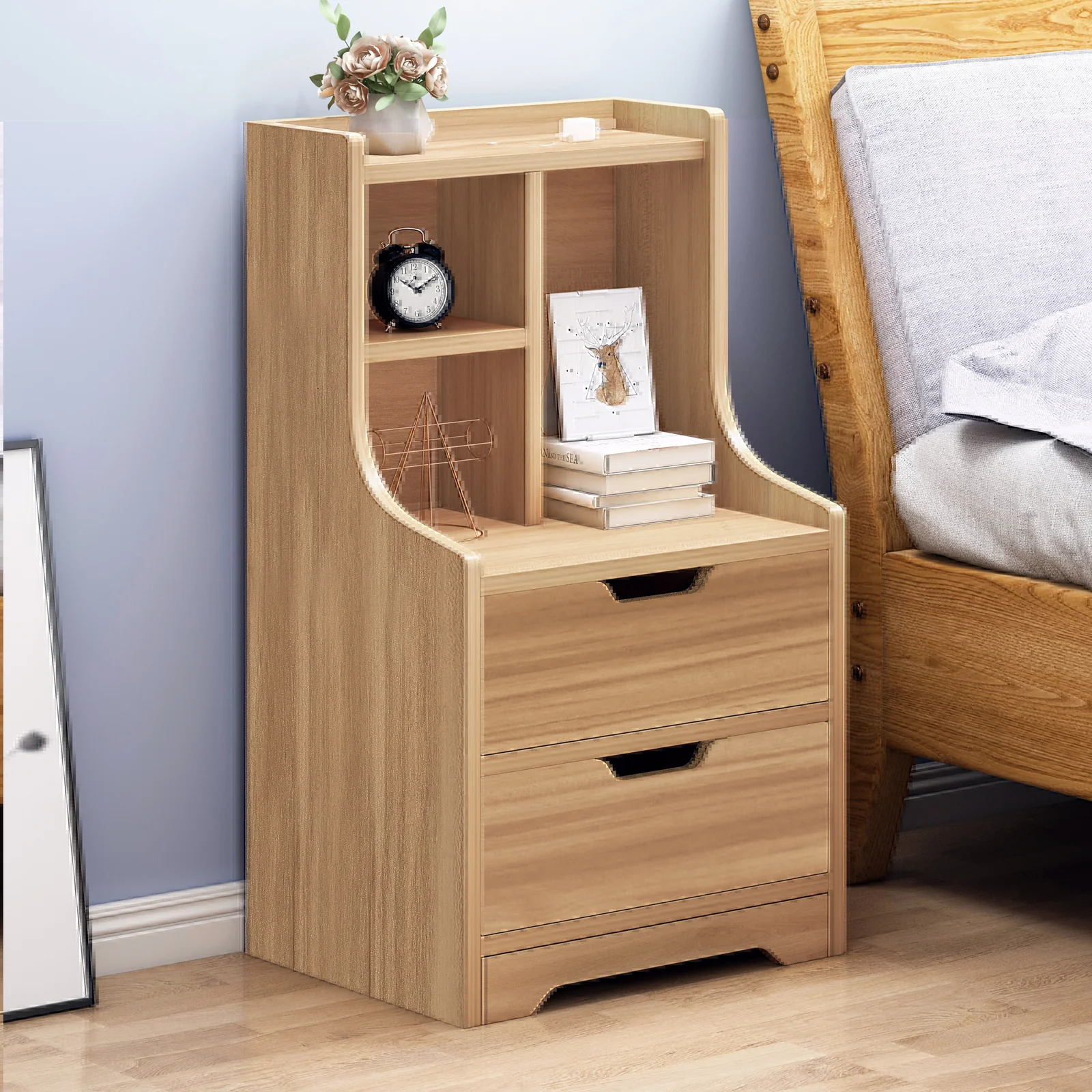 Twilight 2-Drawer Tall Bedside Table with Chest of Drawers and Shelves (Oak) - Image 8