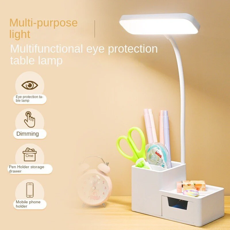 Ultra-Bright LED Eye-Protecting Night Light Desk Lamp with Pen Holder & Drawer (White) - Image 2