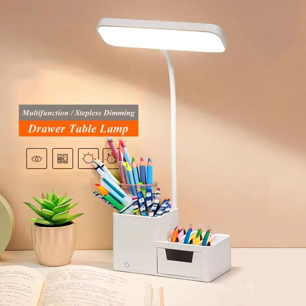 Ultra-Bright LED Eye-Protecting Night Light Desk Lamp with Pen Holder & Drawer (White) - Image 5