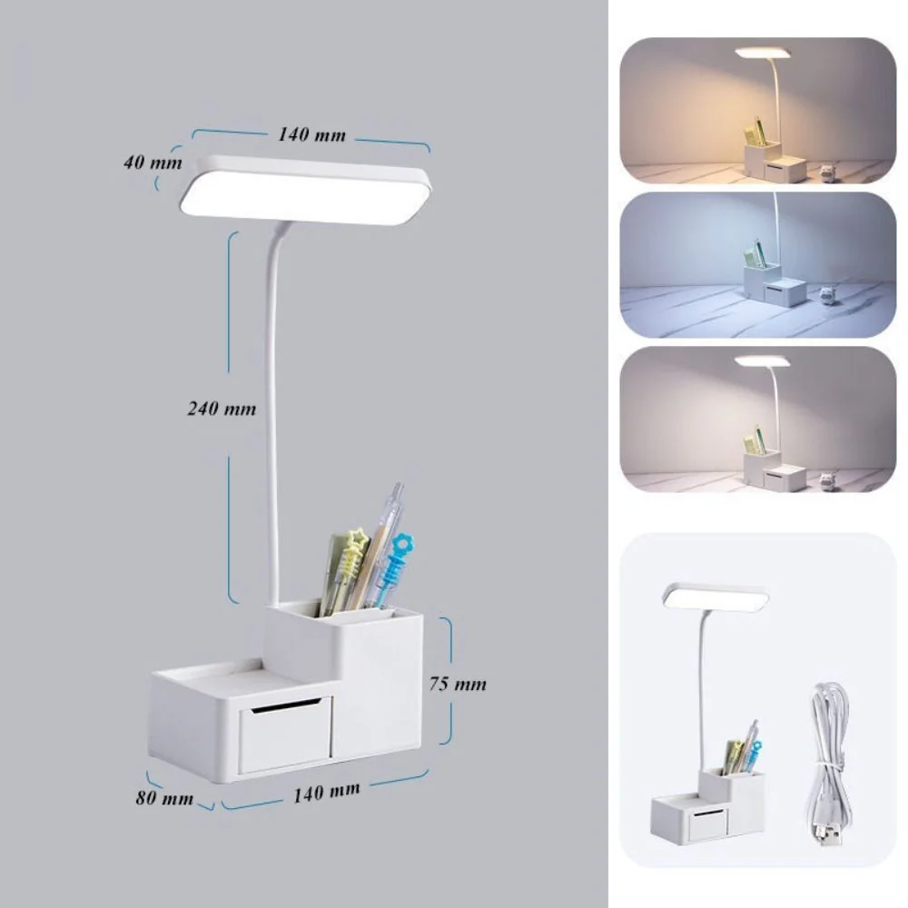Ultra-Bright LED Eye-Protecting Night Light Desk Lamp with Pen Holder & Drawer (White) - Image 9