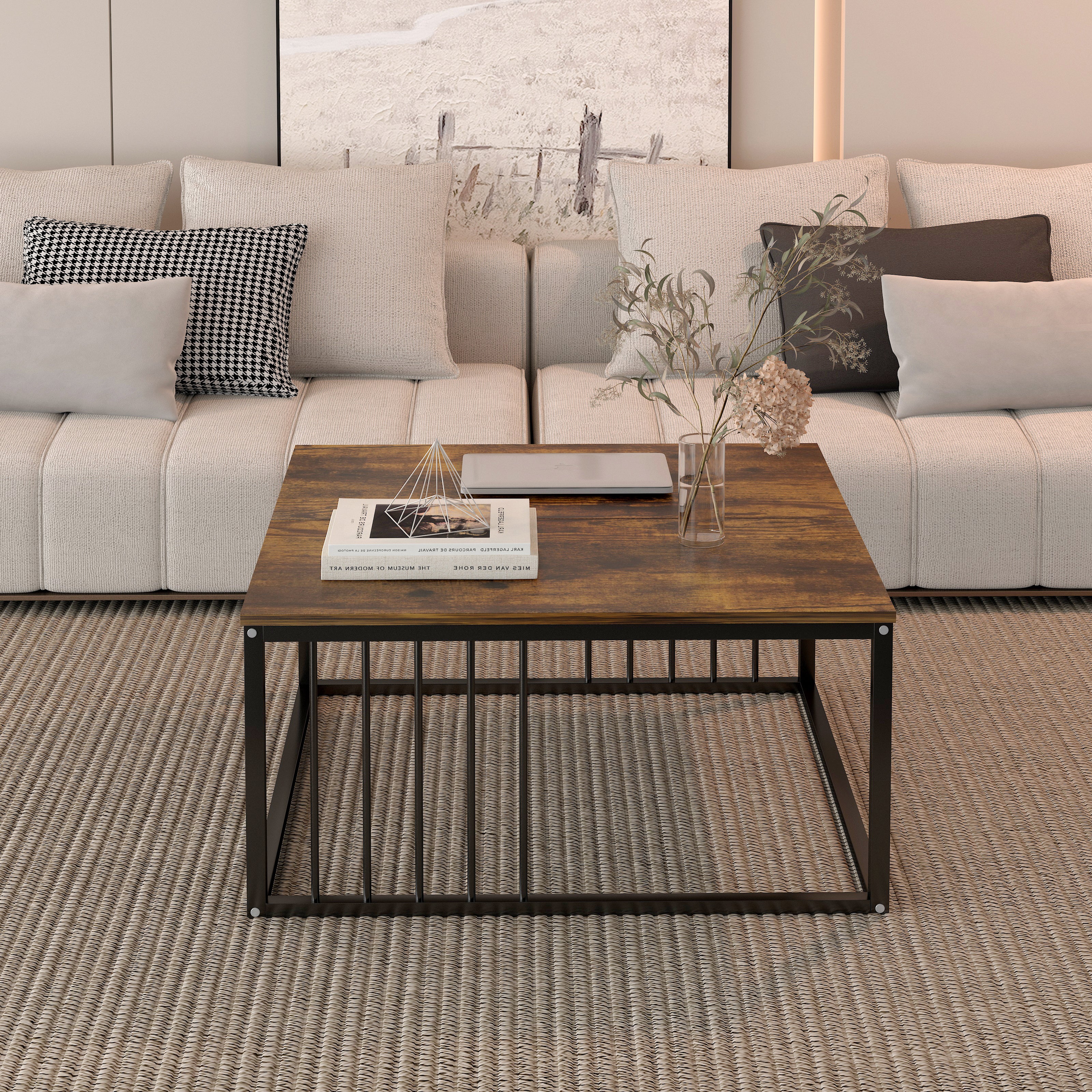 Urban Industrial Modern Rustic Wood and Metal Square Coffee Table - Image 11