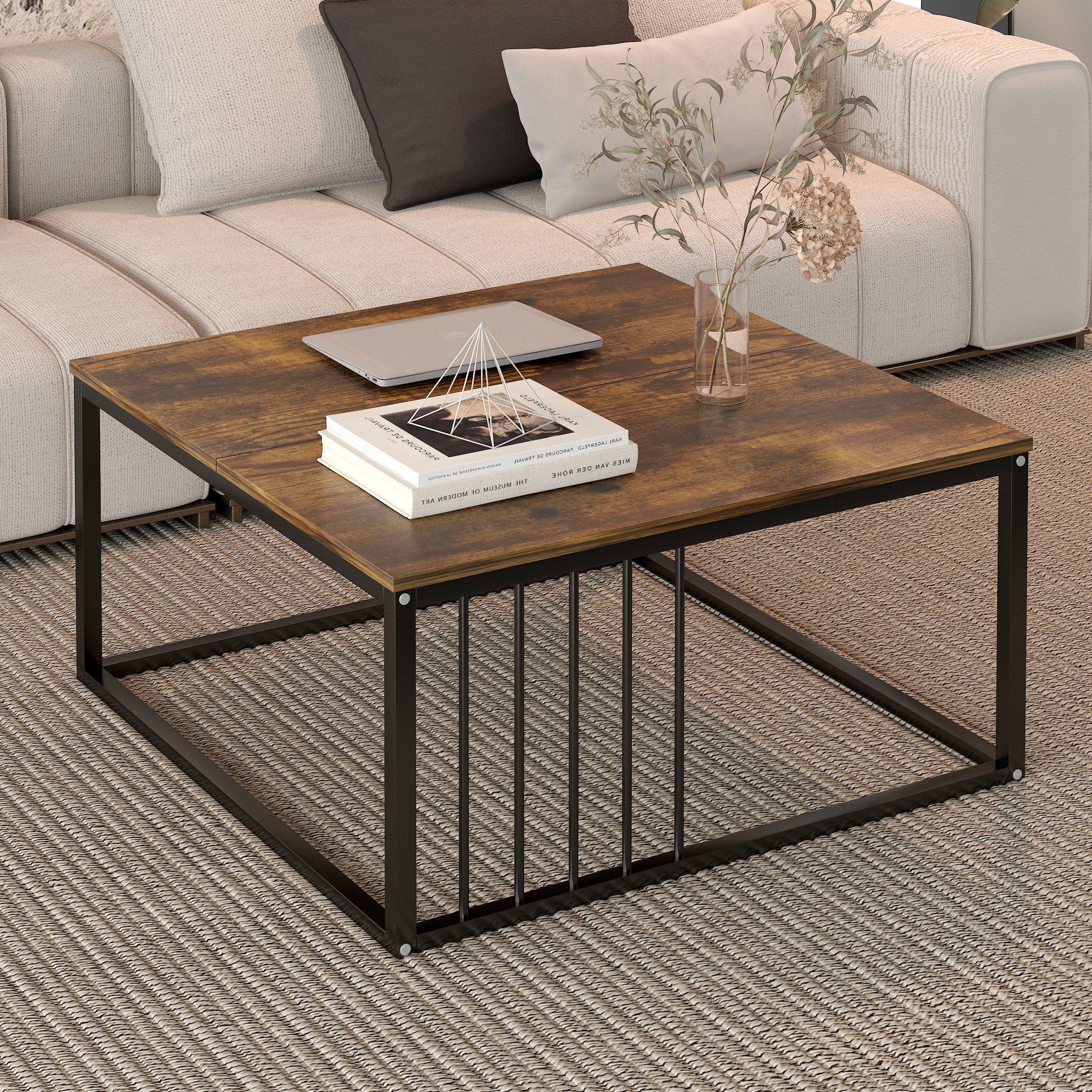 Urban Industrial Modern Rustic Wood and Metal Square Coffee Table - Image 2