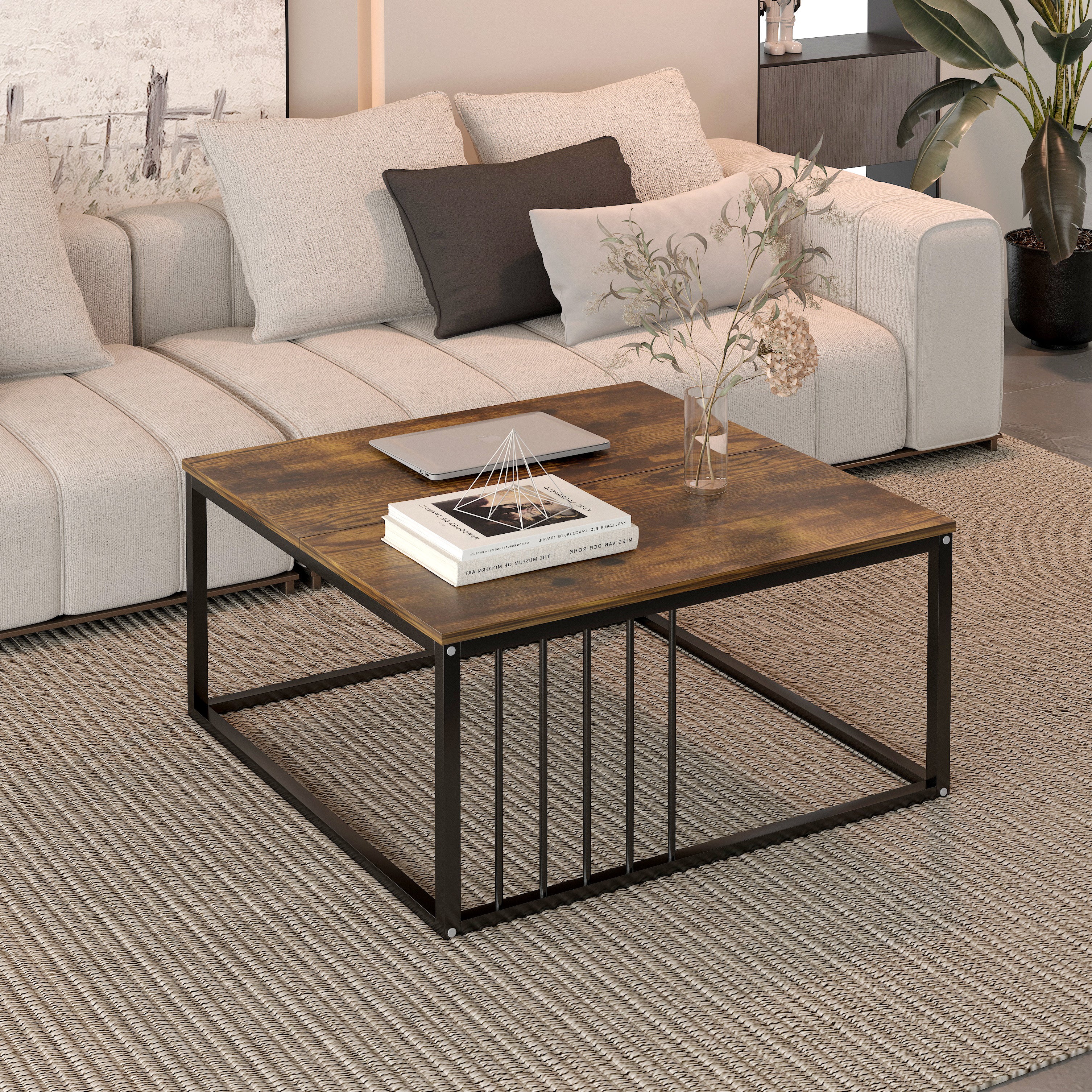 Urban Industrial Modern Rustic Wood and Metal Square Coffee Table - Image 7