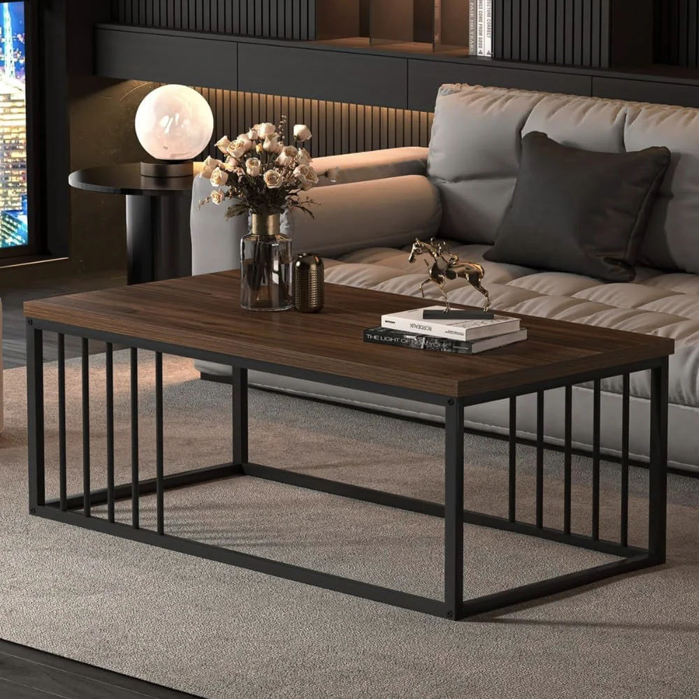 Urban Industrial Modern Wood and Metal Coffee Table Black Walnut - Image 3