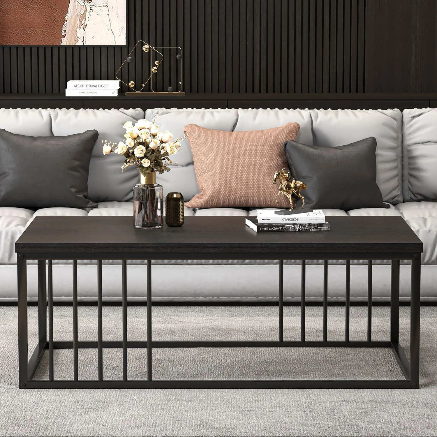 Urban Industrial Modern Wood and Metal Coffee Table Black Walnut - Image 5