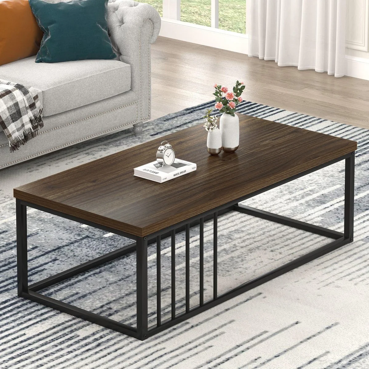 Urban Industrial Modern Wood and Metal Coffee Table Black Walnut - Image 9