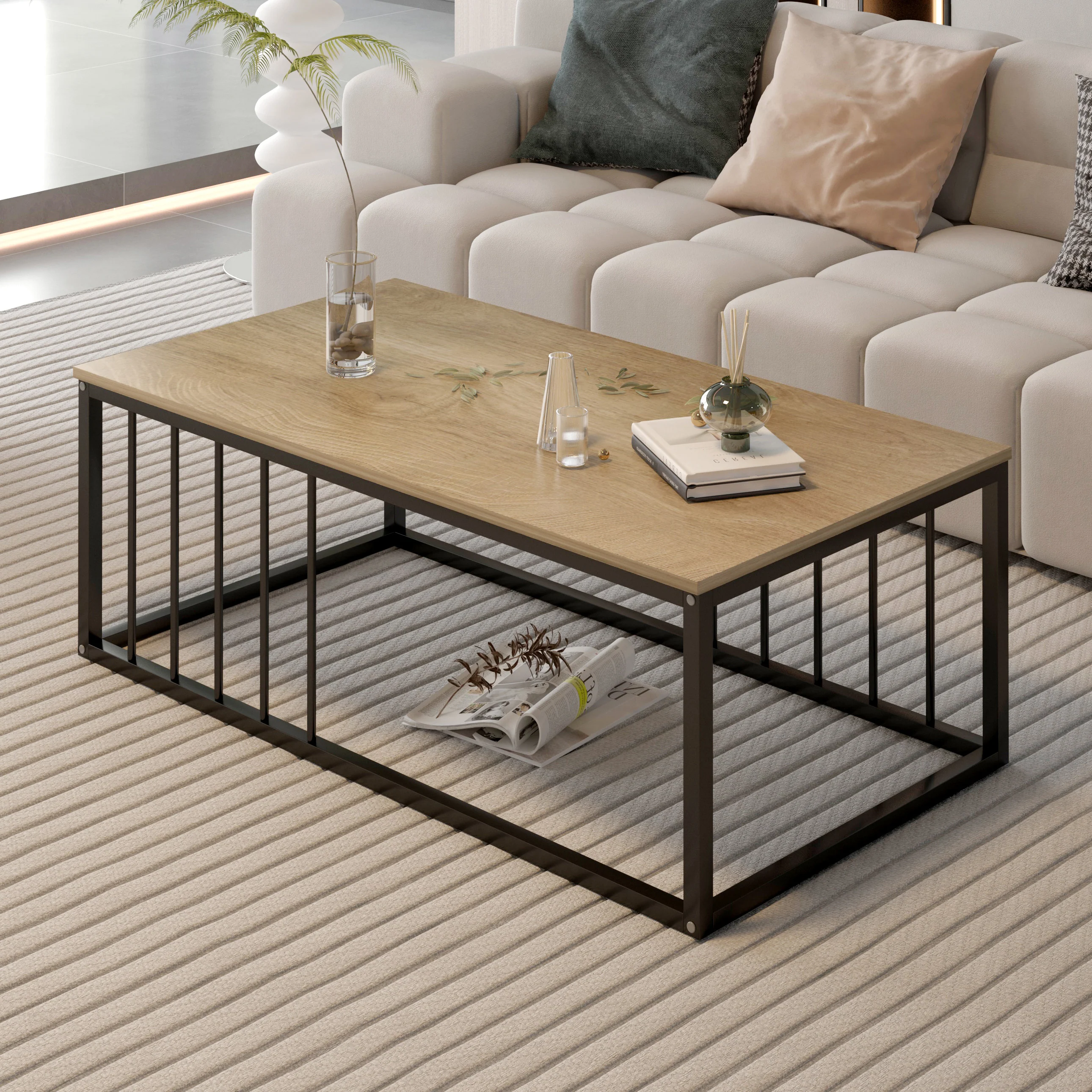 Urban Industrial Modern Wood and Metal Coffee Table Coastal Oak - Image 2