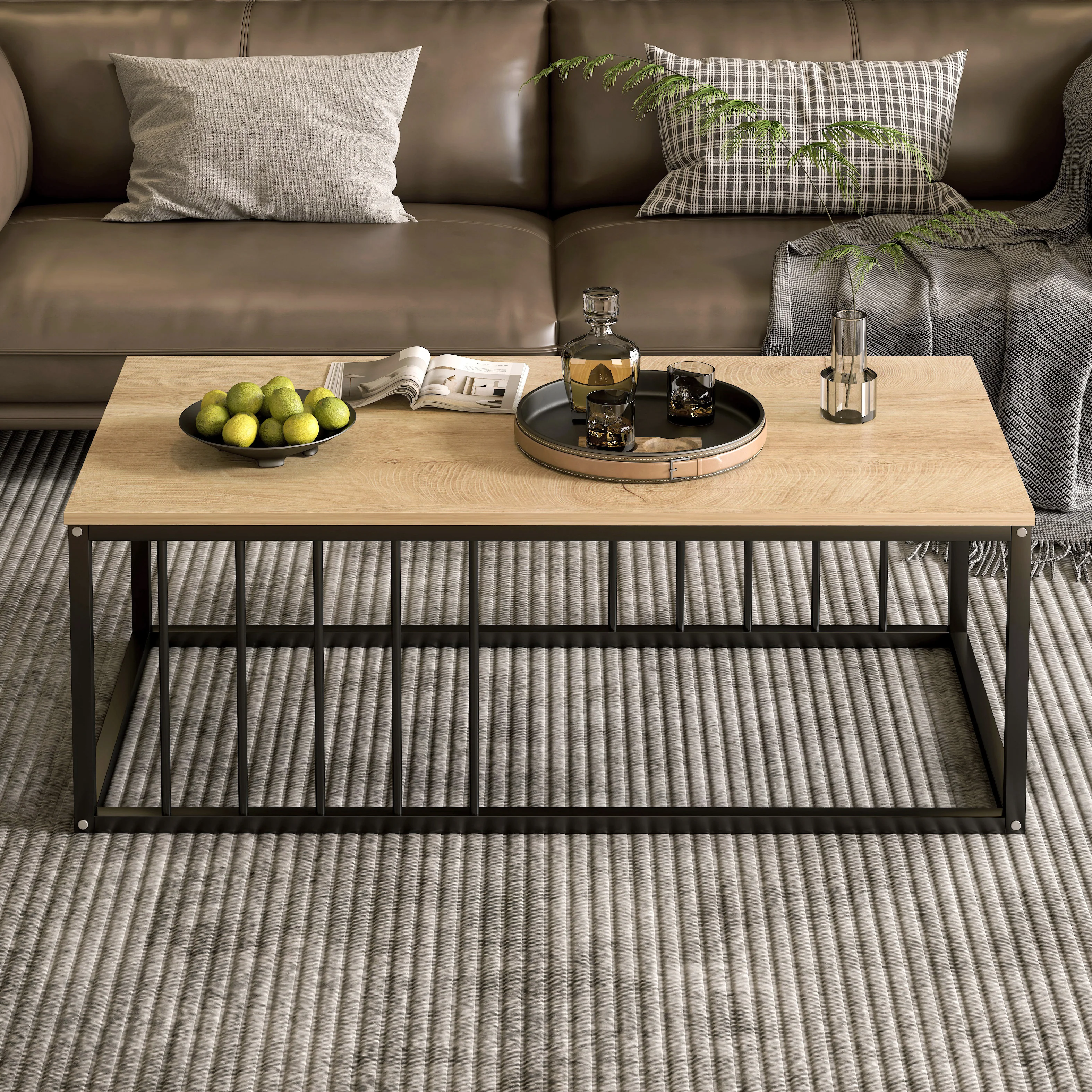 Urban Industrial Modern Wood and Metal Coffee Table Coastal Oak - Image 4
