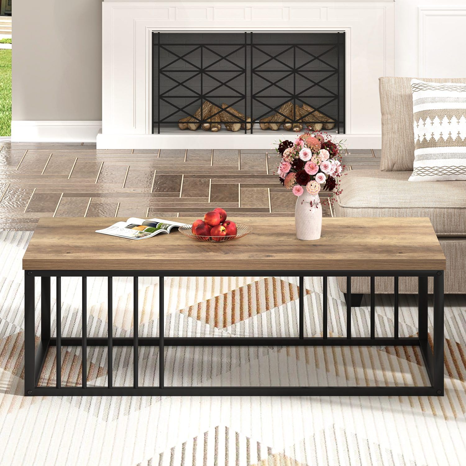 Urban Industrial Modern Wood and Metal Coffee Table Rustic Oak - Image 5