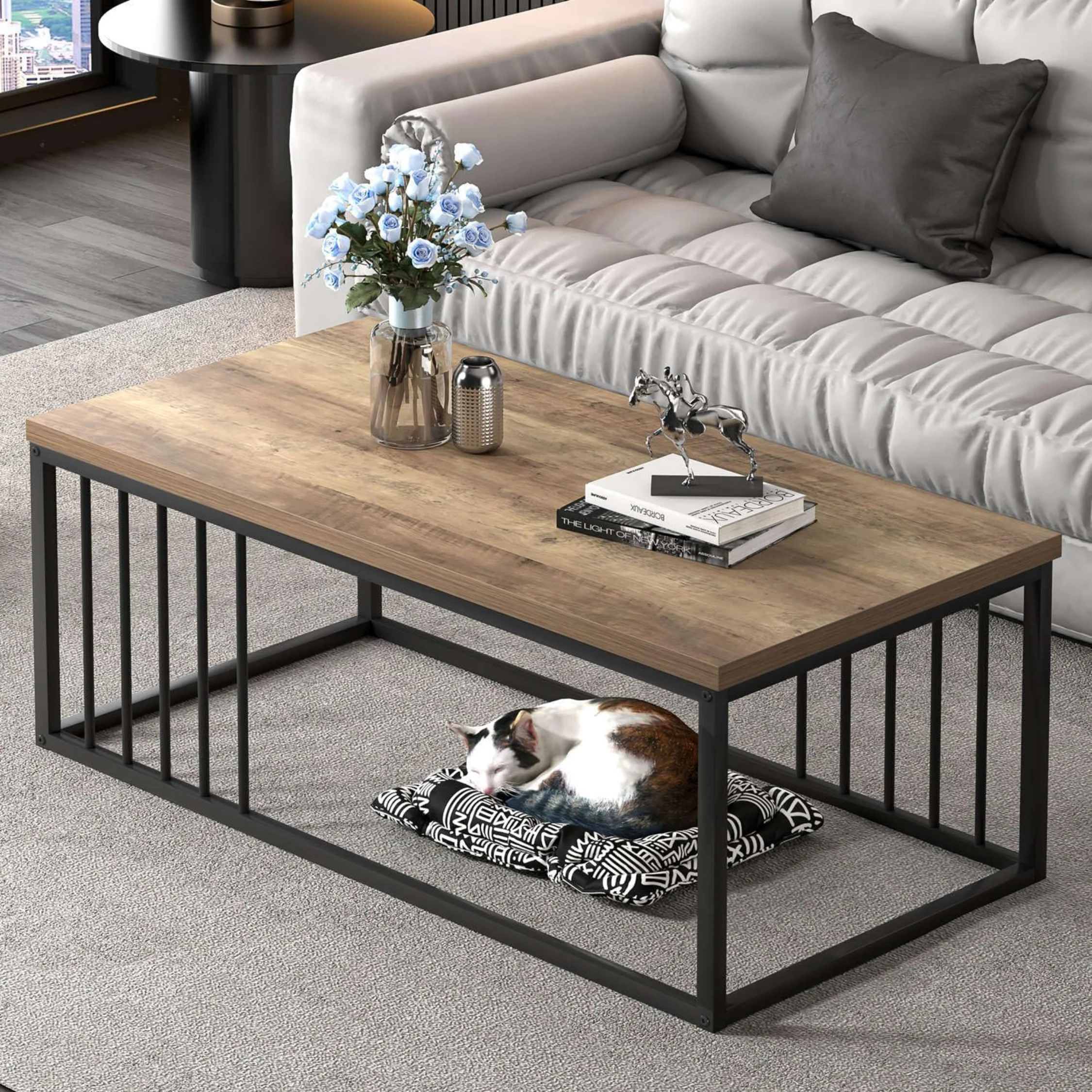 Urban Industrial Modern Wood and Metal Coffee Table Rustic Oak - Image 7