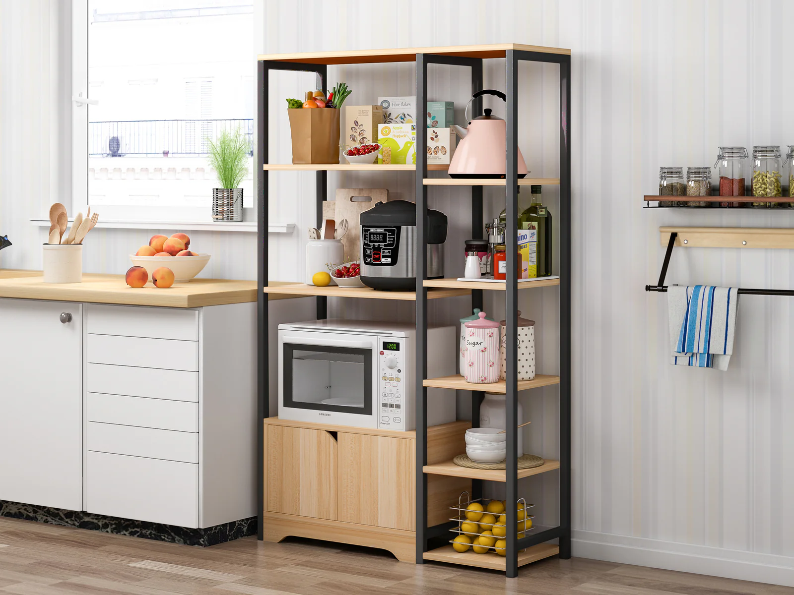 Urbane Combination Organizer Double Cabinet Kitchen Storage Shelf (Oak & Black) - Image 2