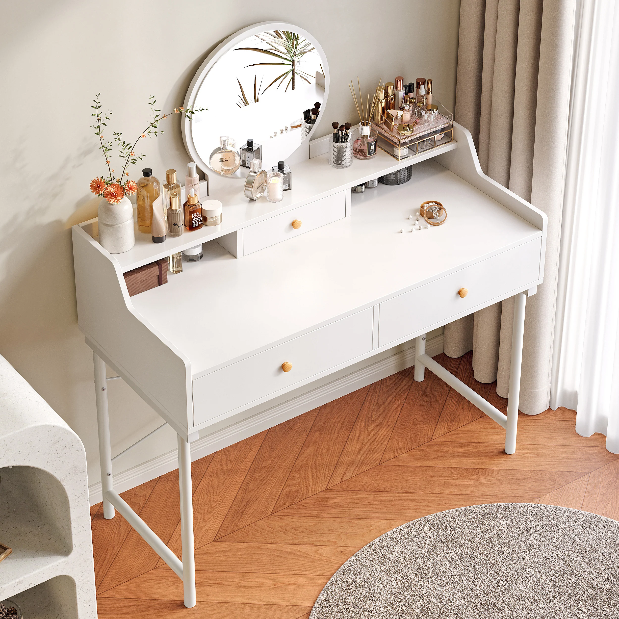 Royale Vanity Dressing Table with Round Mirror and Drawers White - Image 2