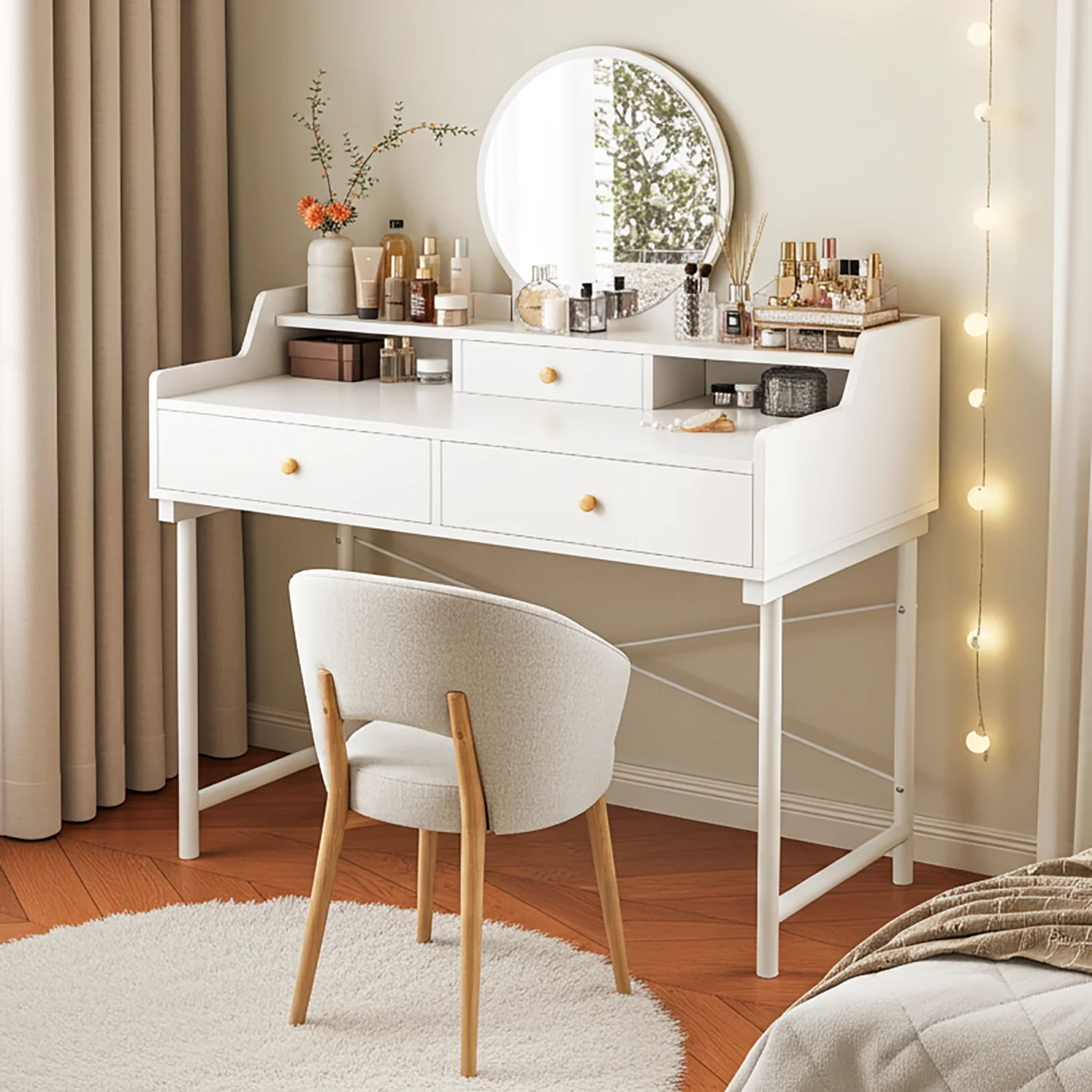 Royale Vanity Dressing Table with Round Mirror and Drawers White - Image 3