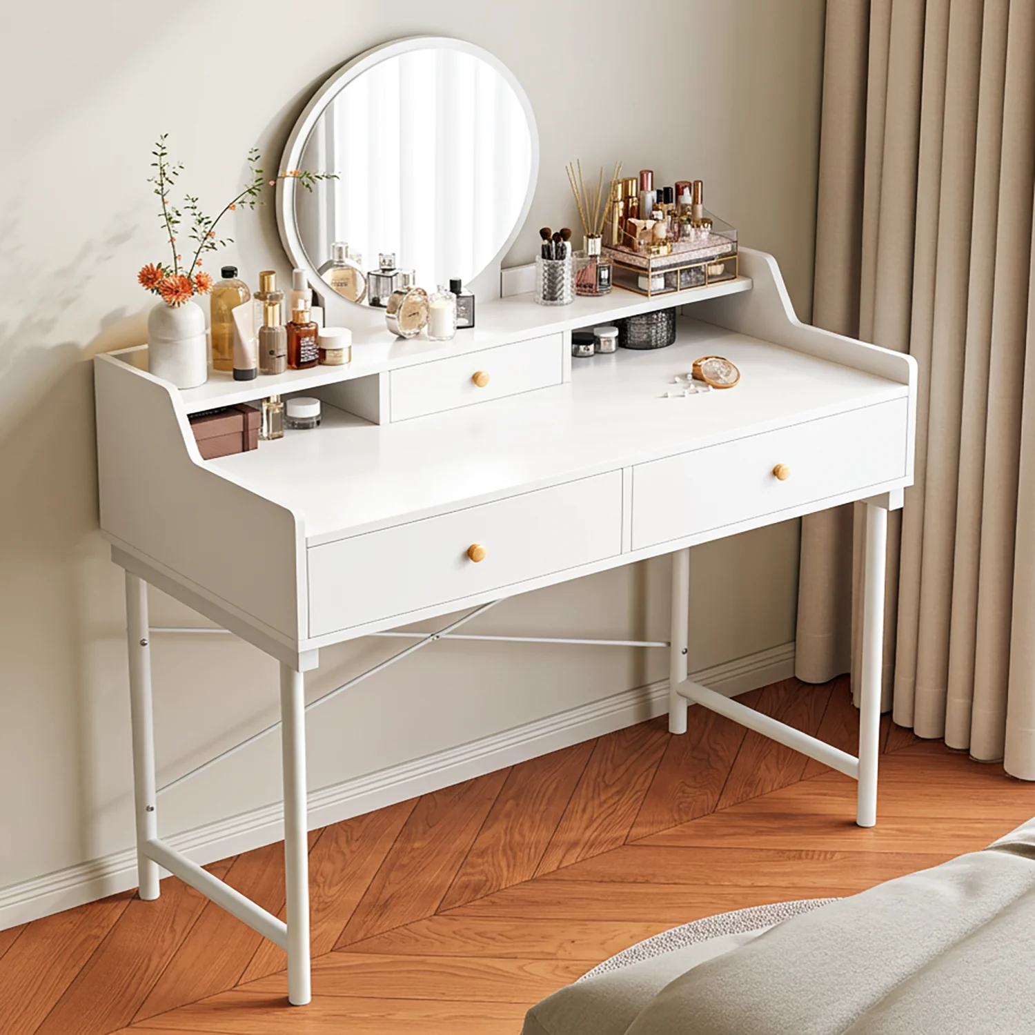 Royale Vanity Dressing Table with Round Mirror and Drawers White - Image 4