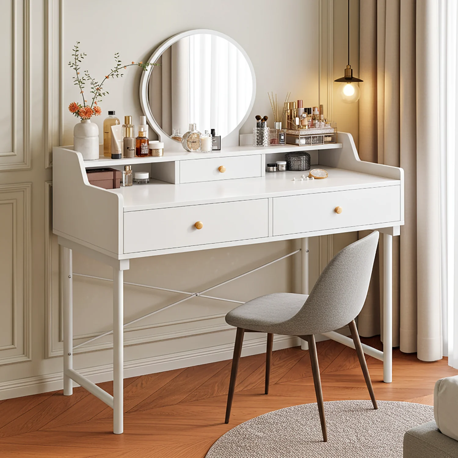 Royale Vanity Dressing Table with Round Mirror and Drawers White - Image 6