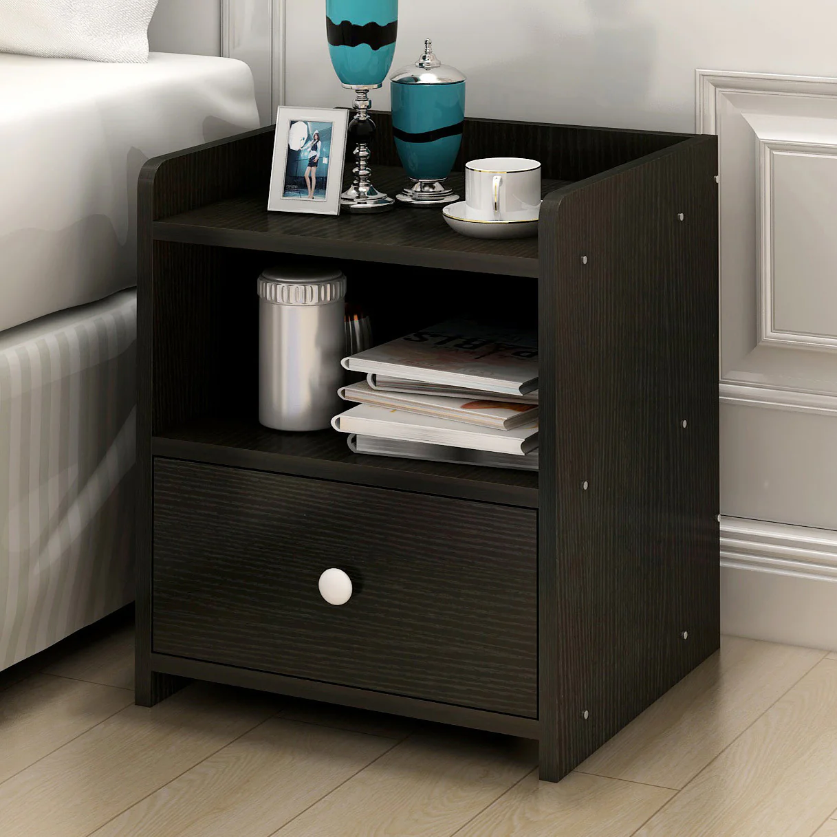 Varossa Classic Bedside Table with Drawer (Black Wood) - Image 8