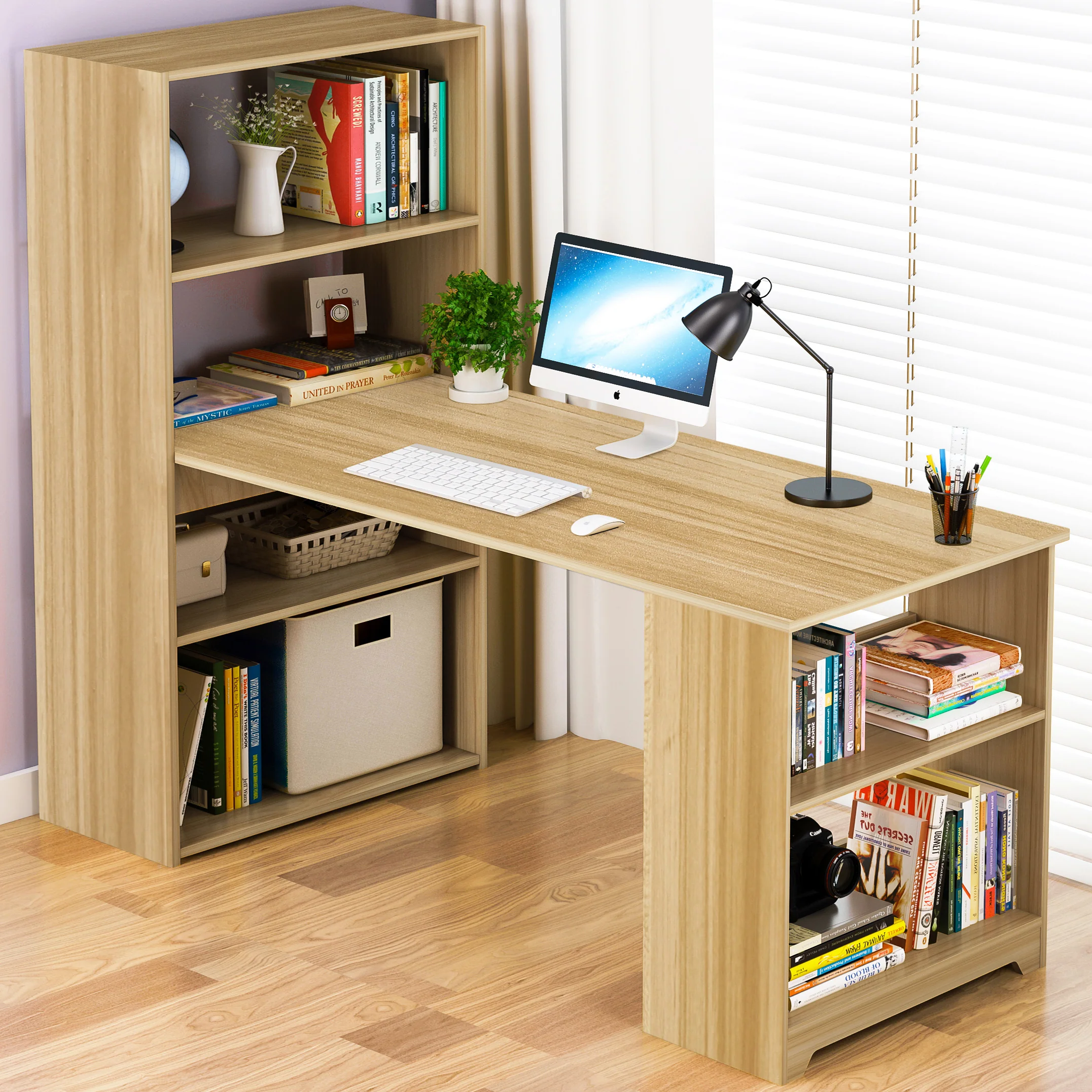 Varossa's Organizer Combination Workstation Computer Desk with 6 Storage Shelves (Oak) - Image 9