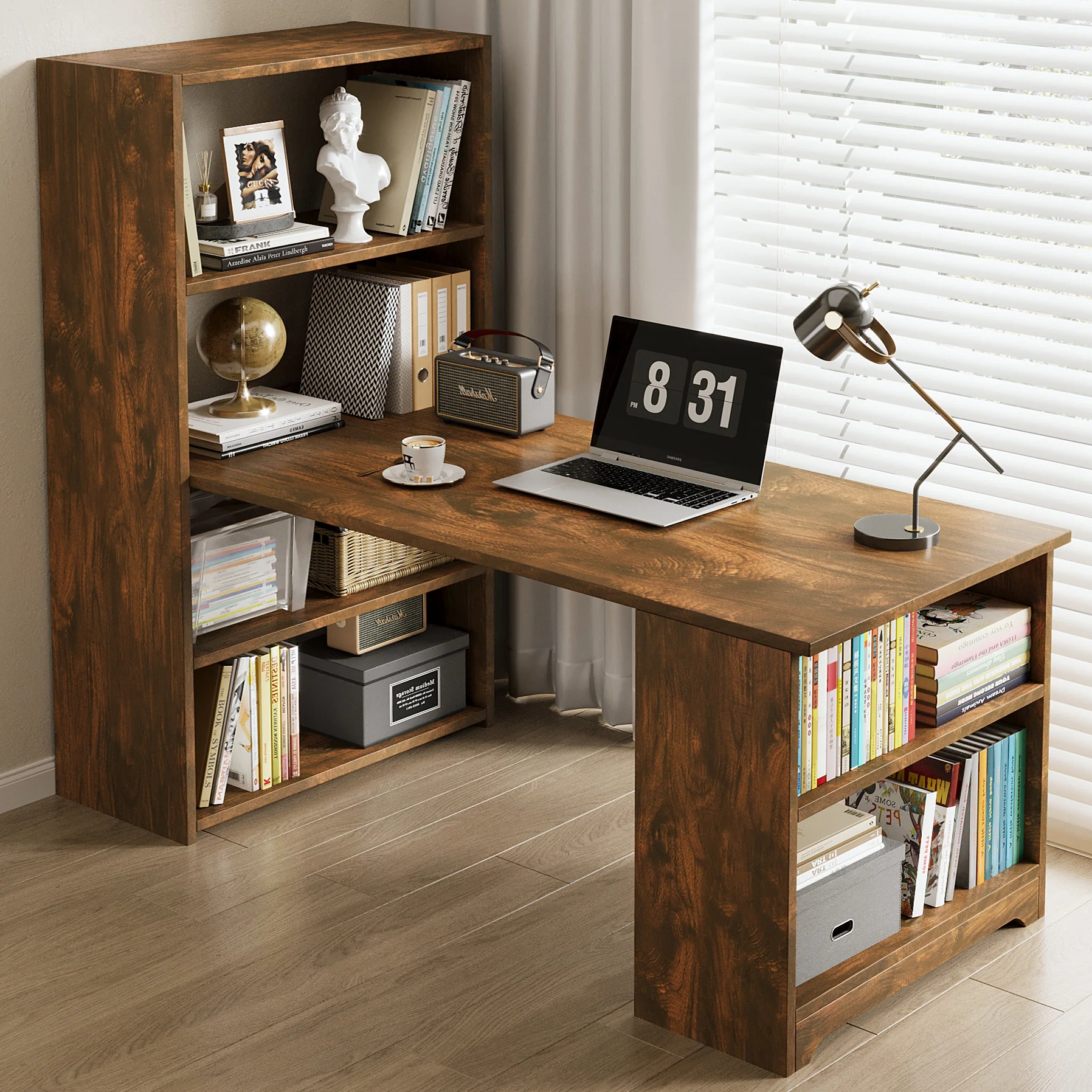 Varossa's Organizer Combination Workstation Computer Desk with 6 Storage Shelves (Rustic Wood) - Image 2