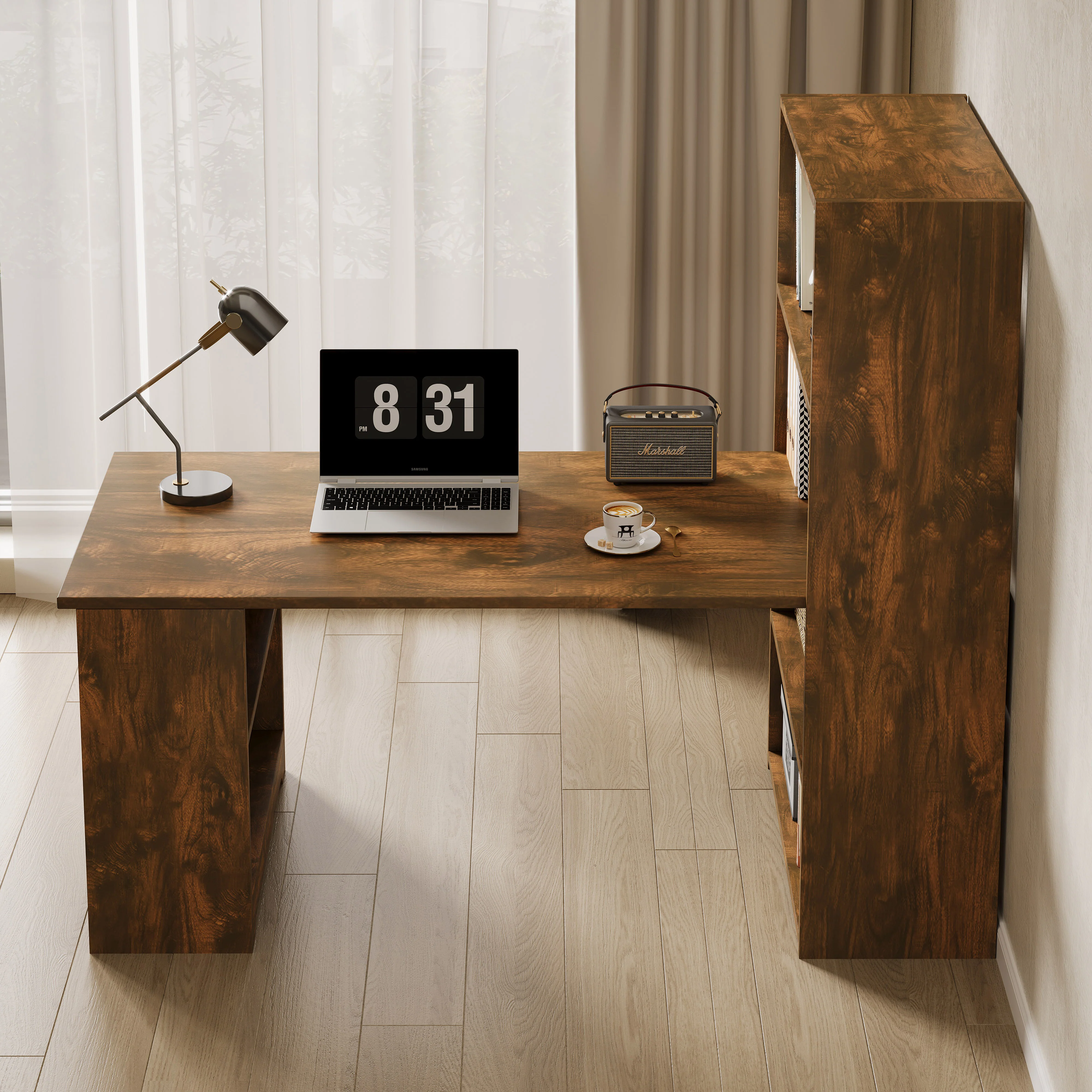 Varossa's Organizer Combination Workstation Computer Desk with 6 Storage Shelves (Rustic Wood) - Image 3
