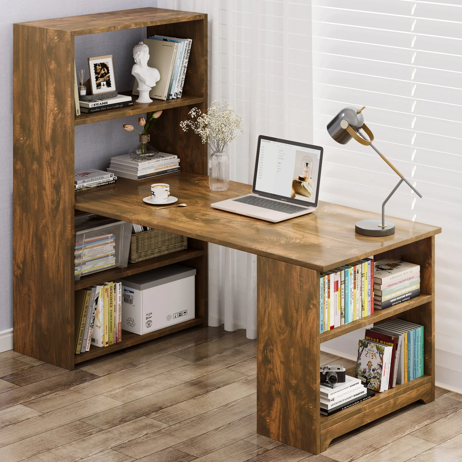 Varossa's Organizer Combination Workstation Computer Desk with 6 Storage Shelves (Rustic Wood) - Image 5