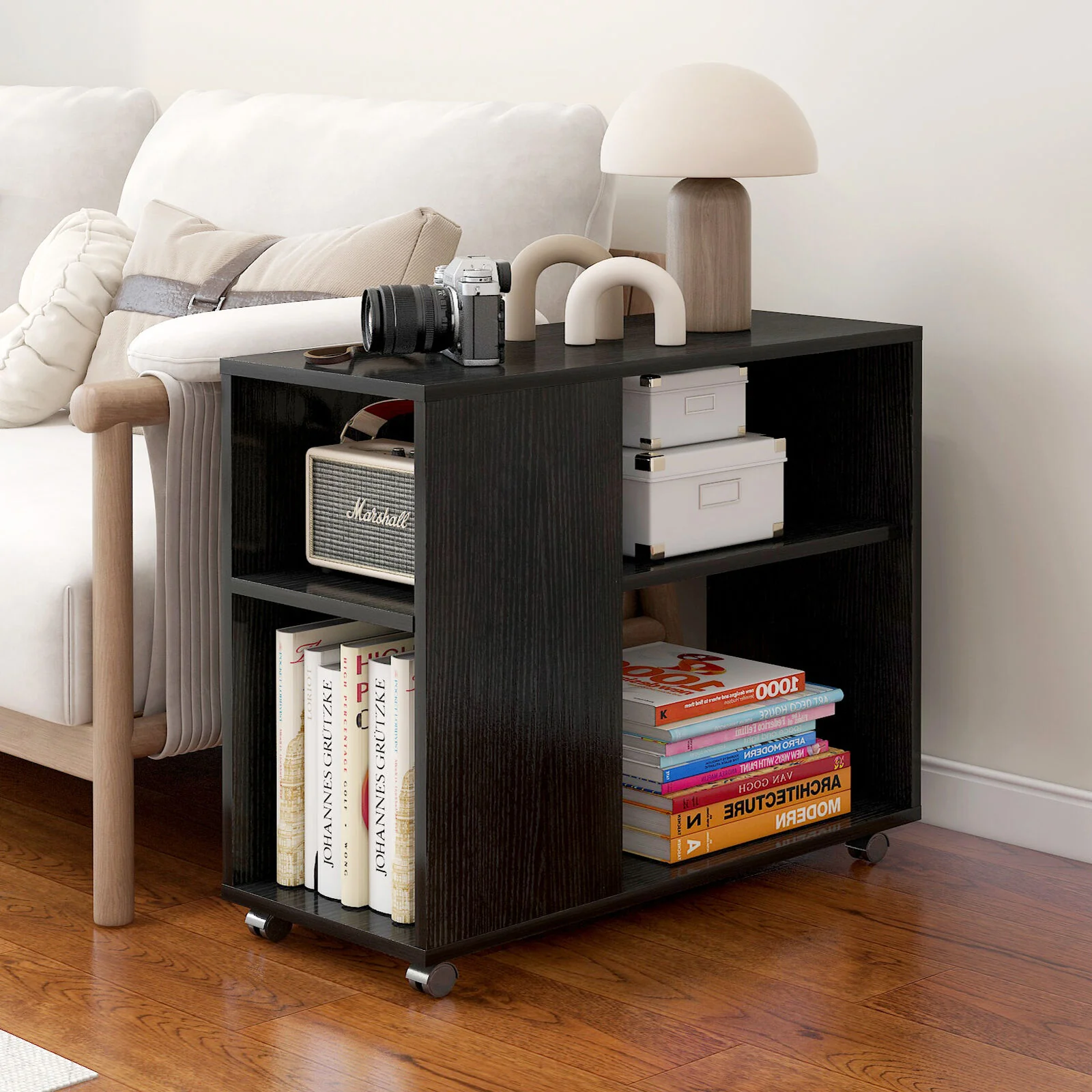Versatile Sofa Side Table & Magazine Shelf with Casters (Black) - Image 3