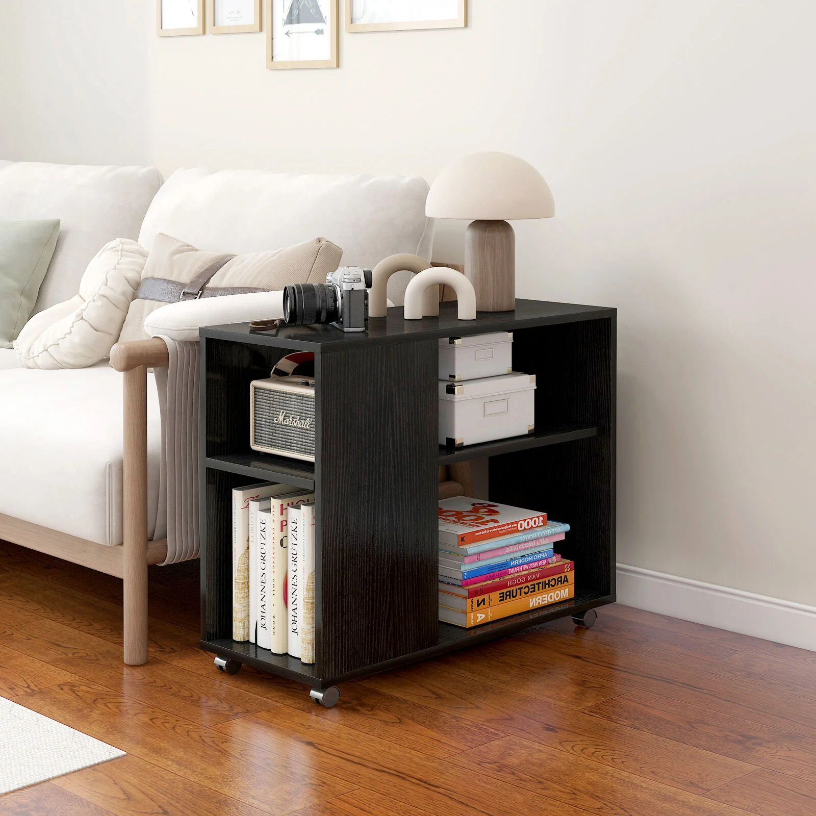 Versatile Sofa Side Table & Magazine Shelf with Casters (Black) - Image 8