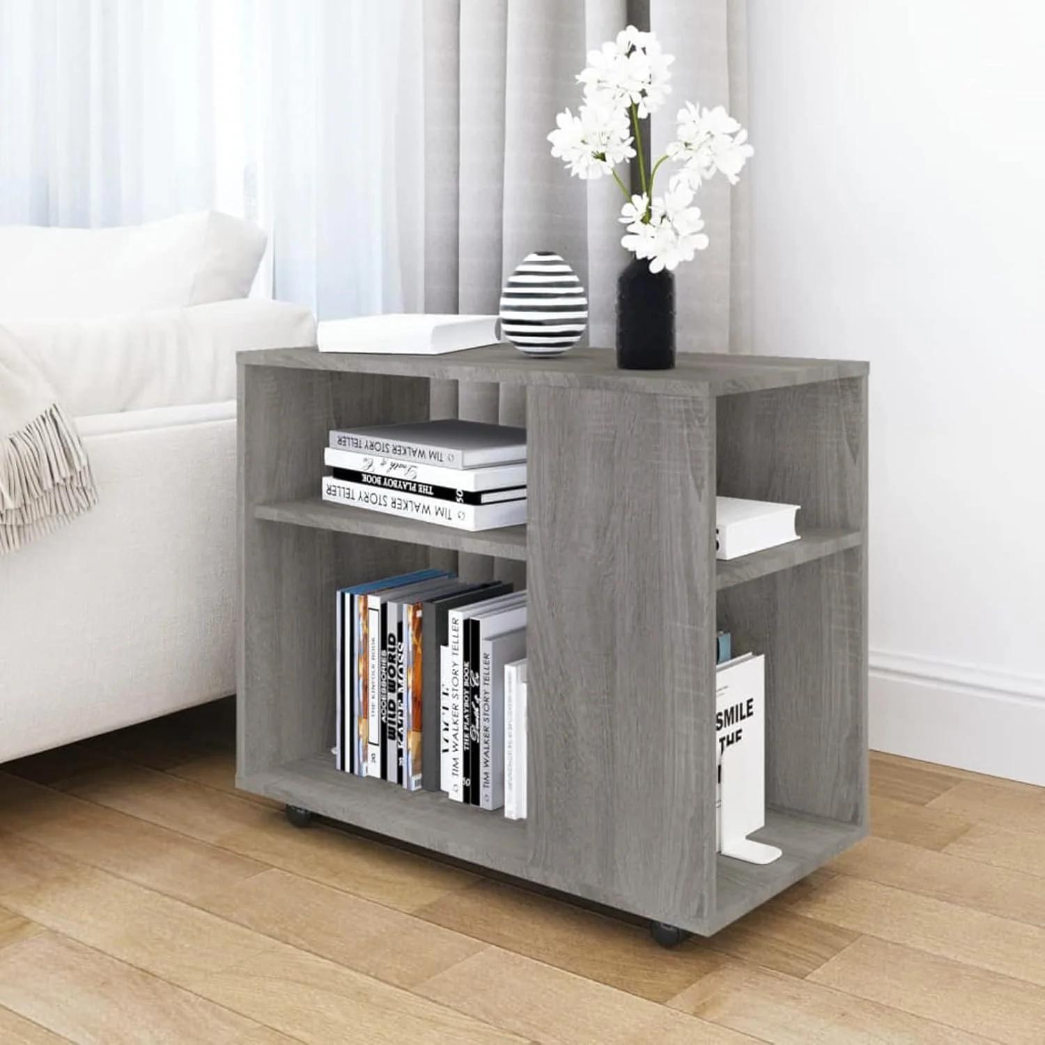 Versatile Sofa Side Table & Magazine Shelf with Casters (Rustic Grey) - Image 3