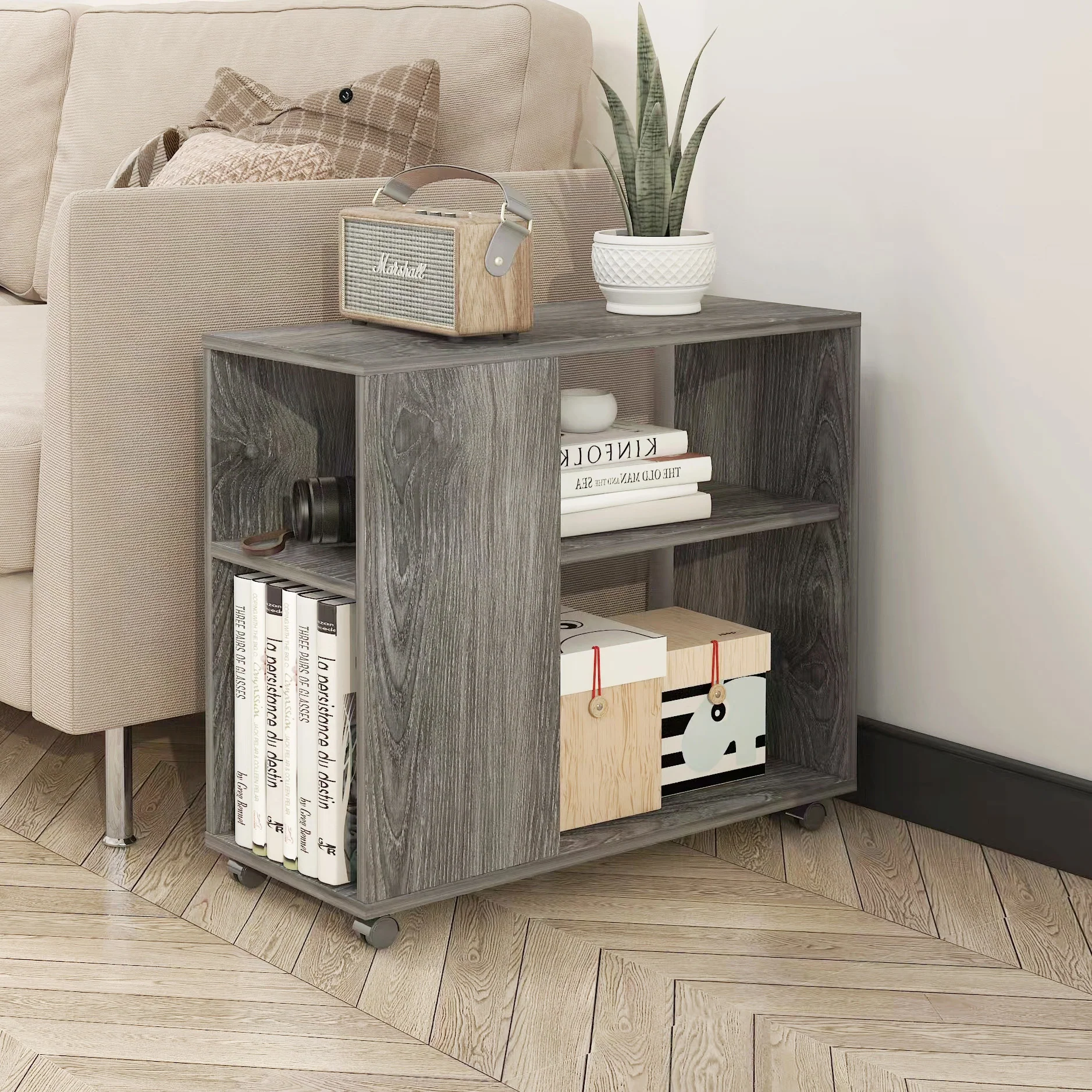 Versatile Sofa Side Table & Magazine Shelf with Casters (Rustic Grey) - Image 4