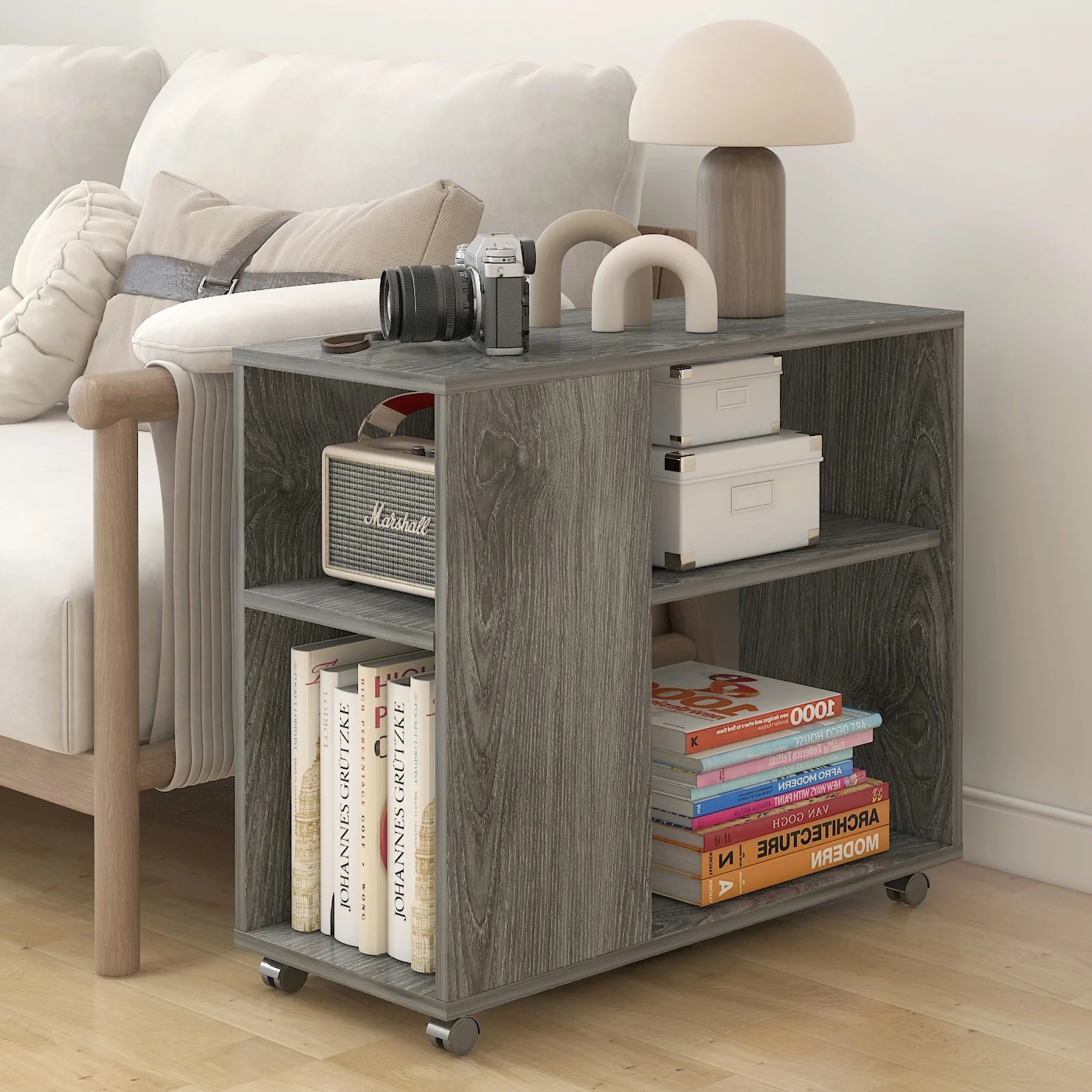 Versatile Sofa Side Table & Magazine Shelf with Casters (Rustic Grey) - Image 5