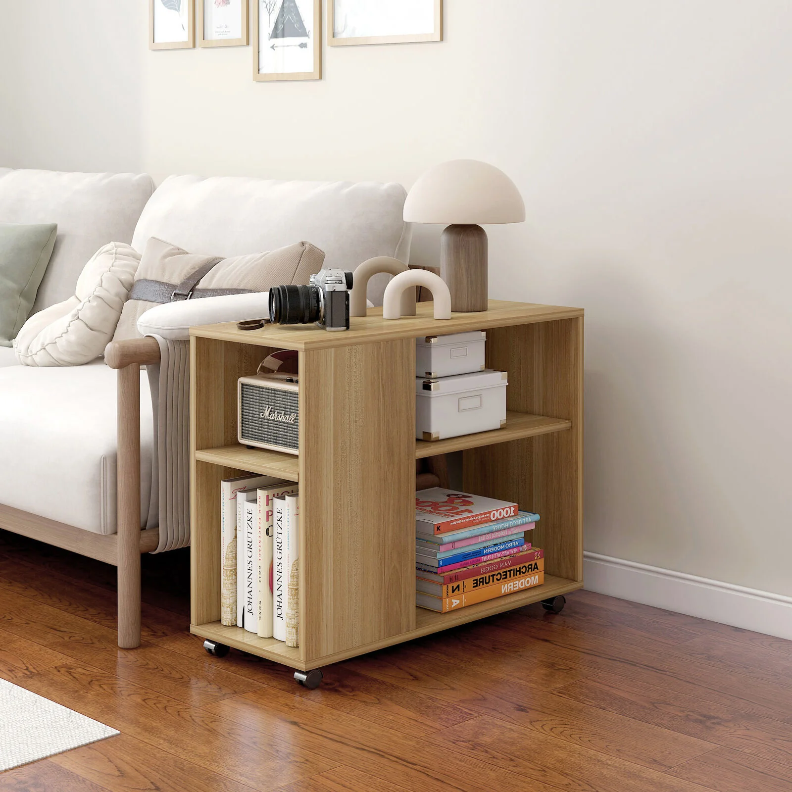 Versatile Sofa Side Table & Magazine Shelf with Casters (Oak) - Image 12
