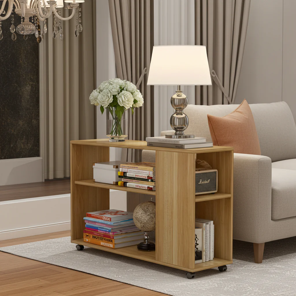 Versatile Sofa Side Table & Magazine Shelf with Casters (Oak) - Image 15