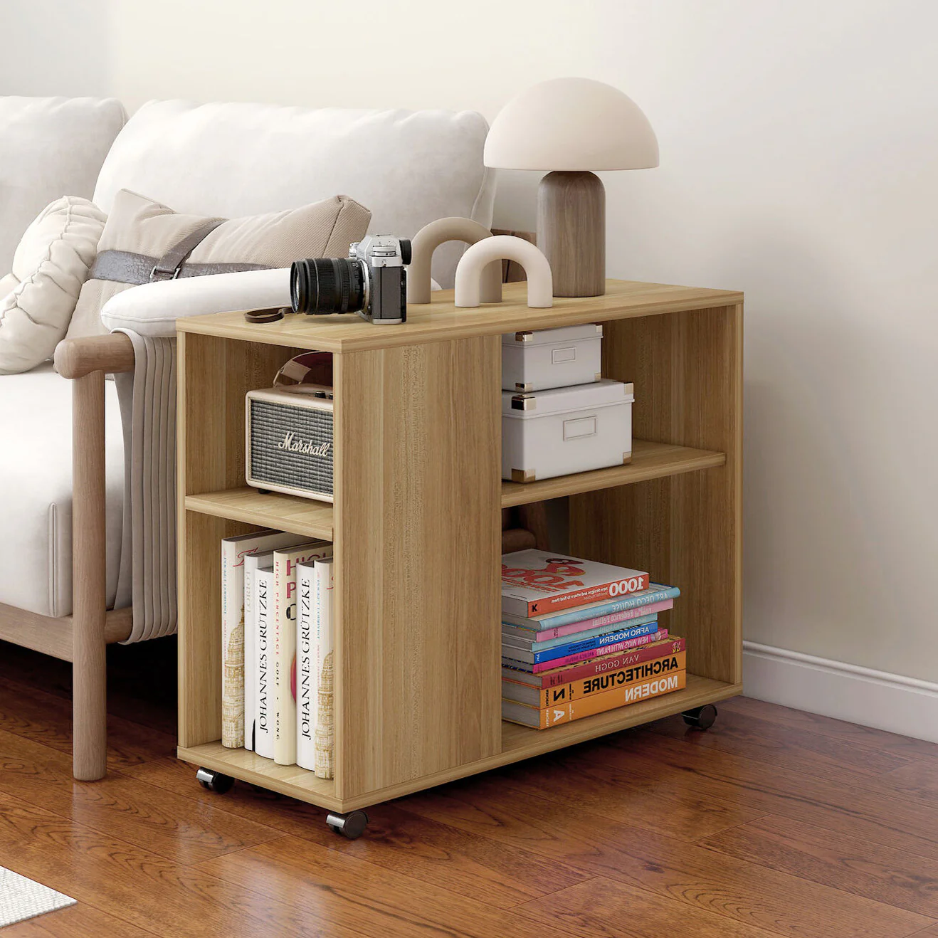 Versatile Sofa Side Table & Magazine Shelf with Casters (Oak) - Image 3