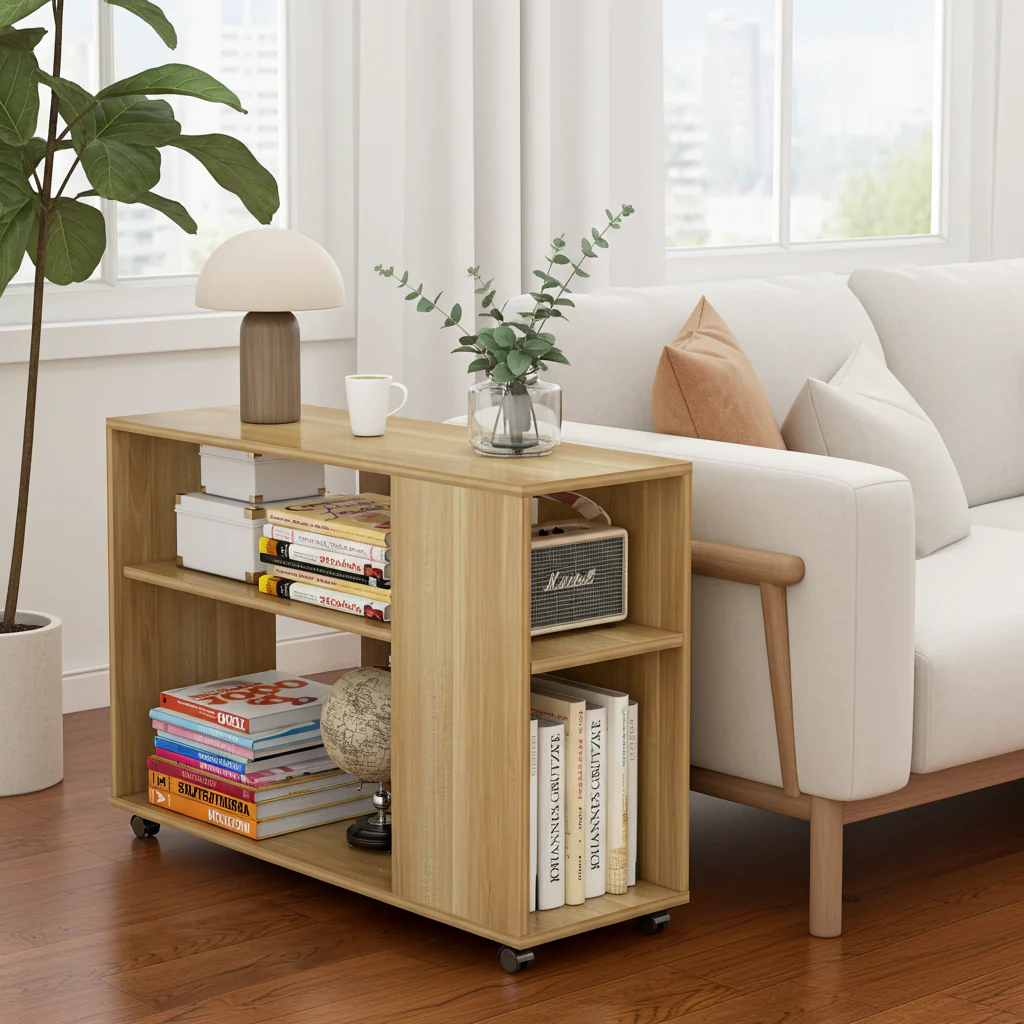 Versatile Sofa Side Table & Magazine Shelf with Casters (Oak) - Image 6