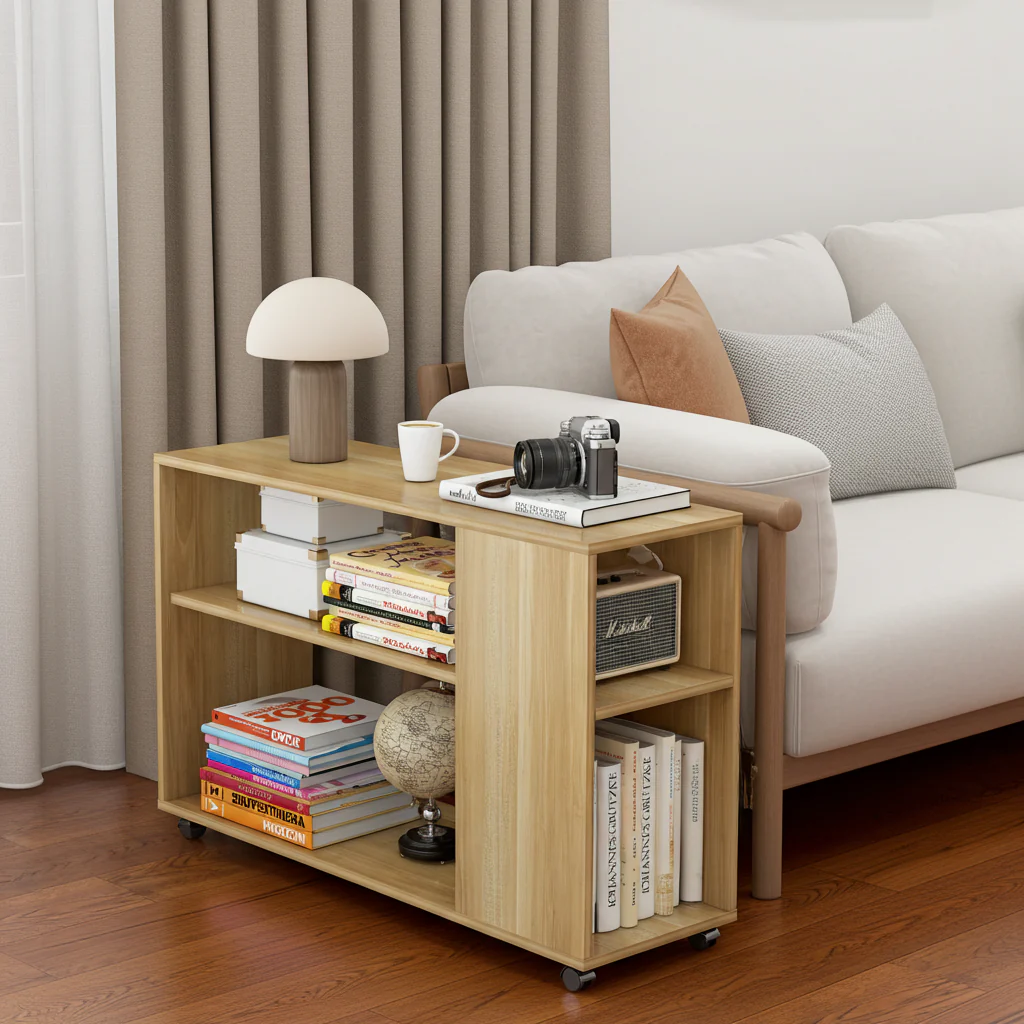 Versatile Sofa Side Table & Magazine Shelf with Casters (Oak) - Image 8