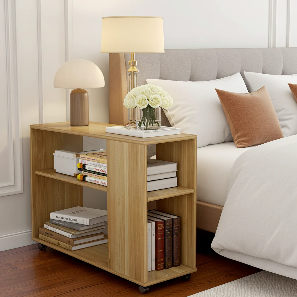 Versatile Sofa Side Table & Magazine Shelf with Casters (Oak) - Image 9