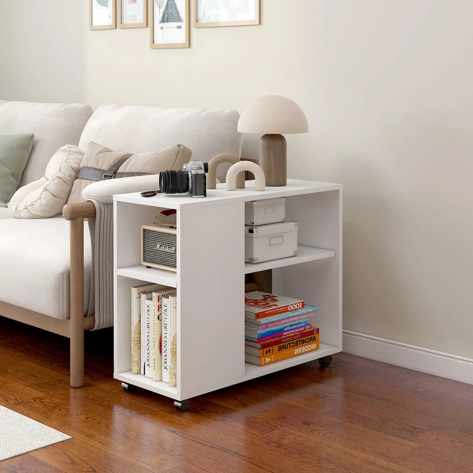 Versatile Sofa Side Table & Magazine Shelf with Casters (White) - Image 10