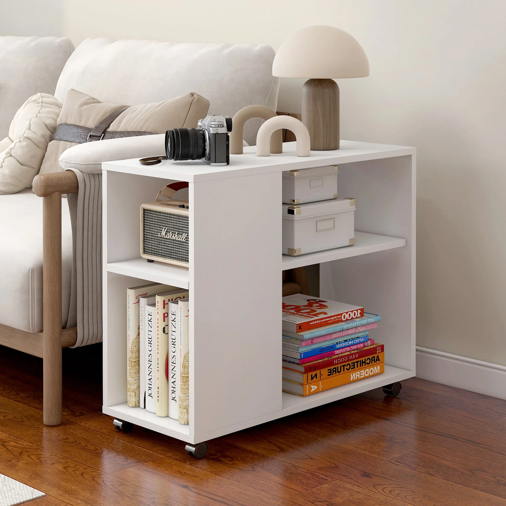 Versatile Sofa Side Table & Magazine Shelf with Casters (White) - Image 14