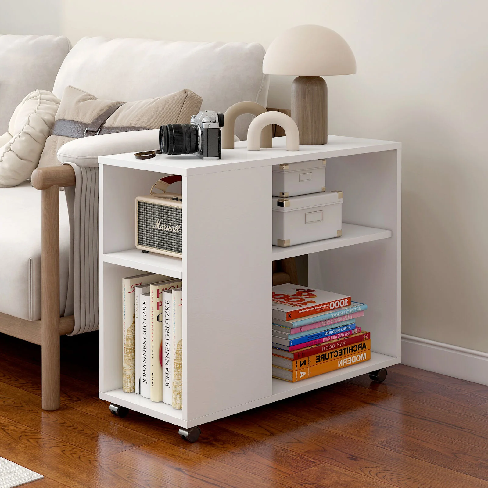 Versatile Sofa Side Table & Magazine Shelf with Casters (White) - Image 4