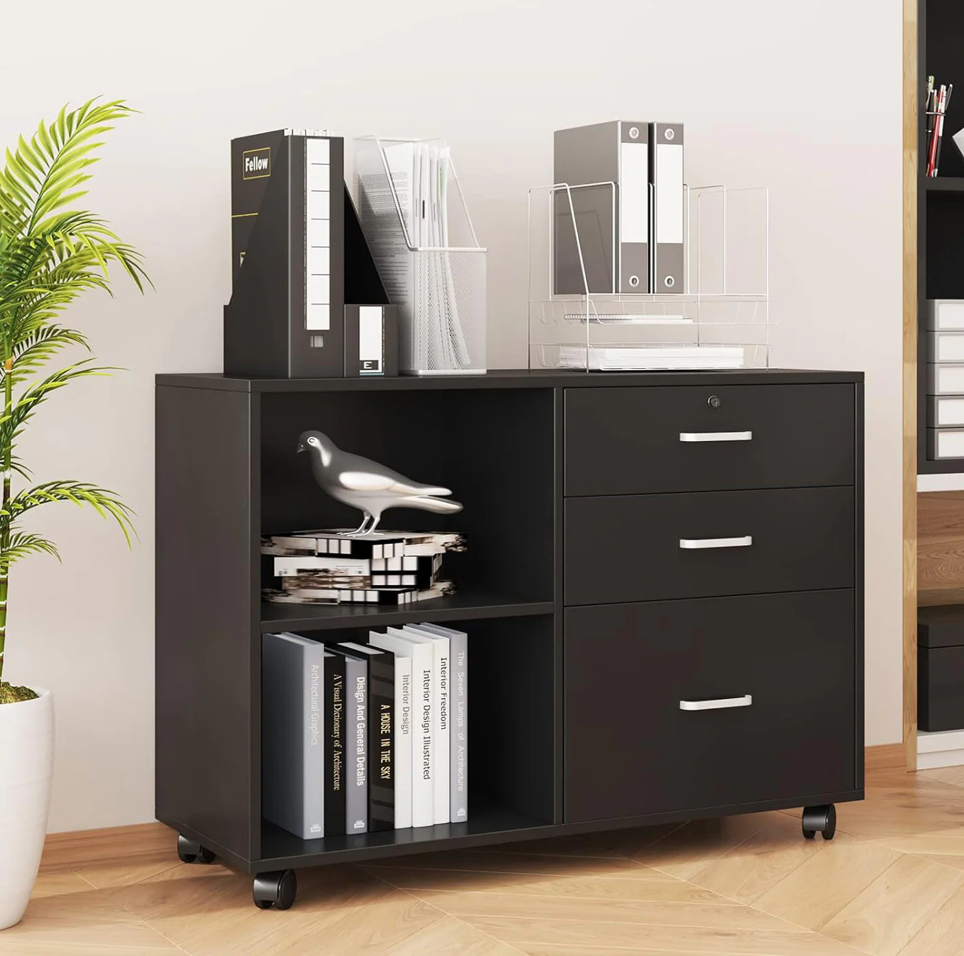 Vibe 3 Drawer and Shelf Utility Side Table with Wheels (Black) - Image 4