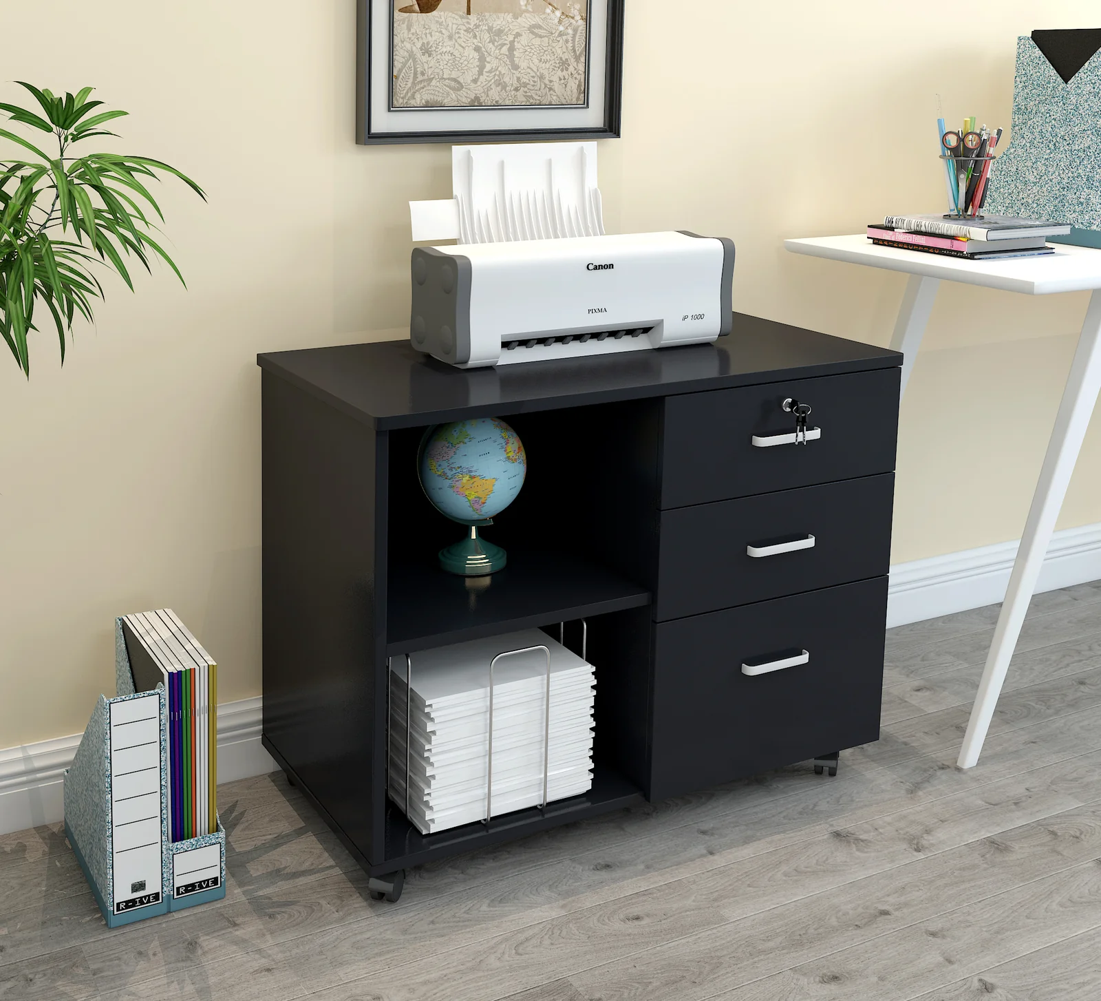 Vibe 3 Drawer and Shelf Utility Side Table with Wheels (Black) - Image 7