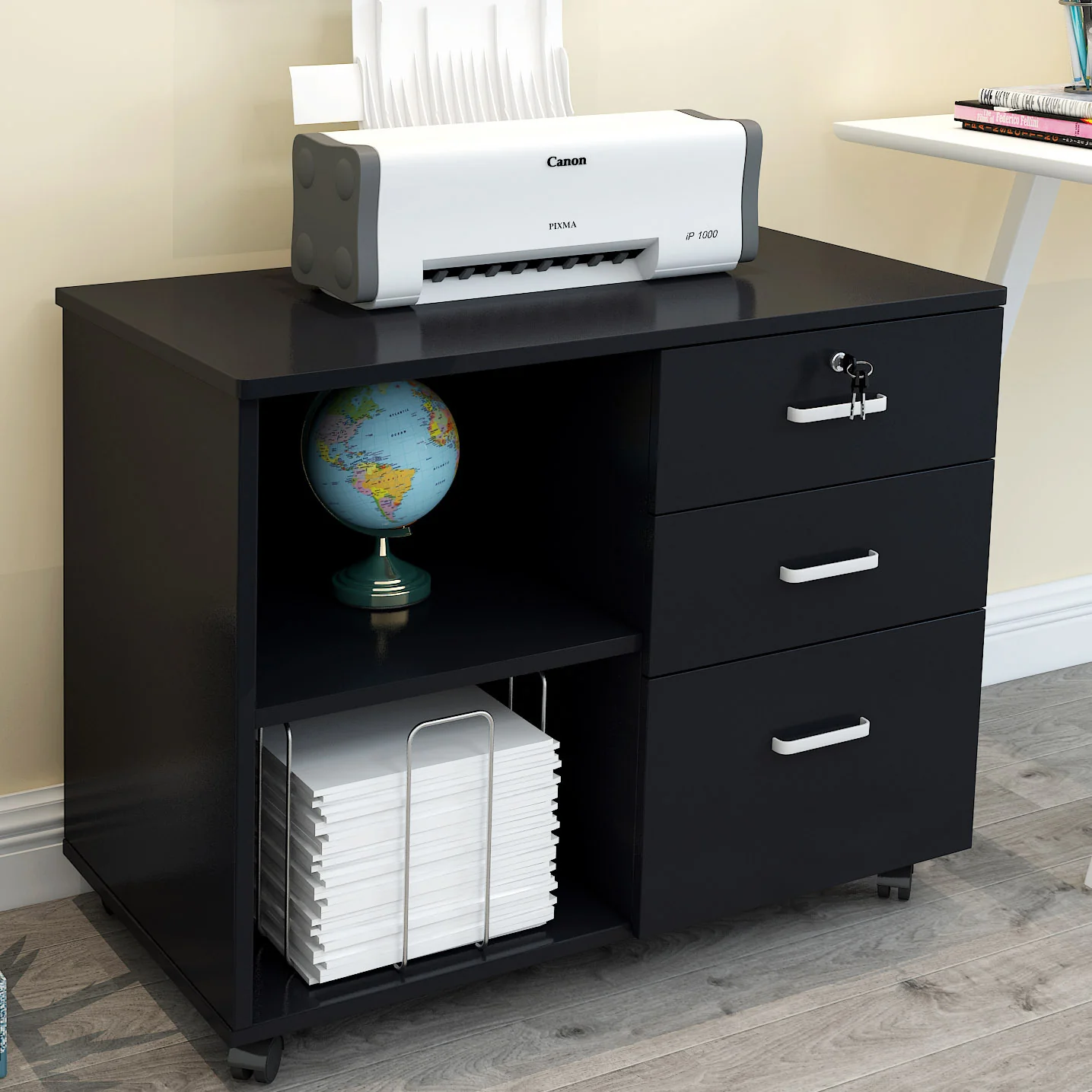 Vibe 3 Drawer and Shelf Utility Side Table with Wheels (Black) - Image 9