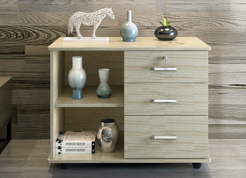 Vibe 3 Drawer and Shelf Utility Side Table with Wheels (White Oak) - Image 5