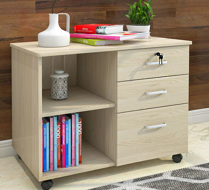 Vibe 3 Drawer and Shelf Utility Side Table with Wheels (White Oak) - Image 7