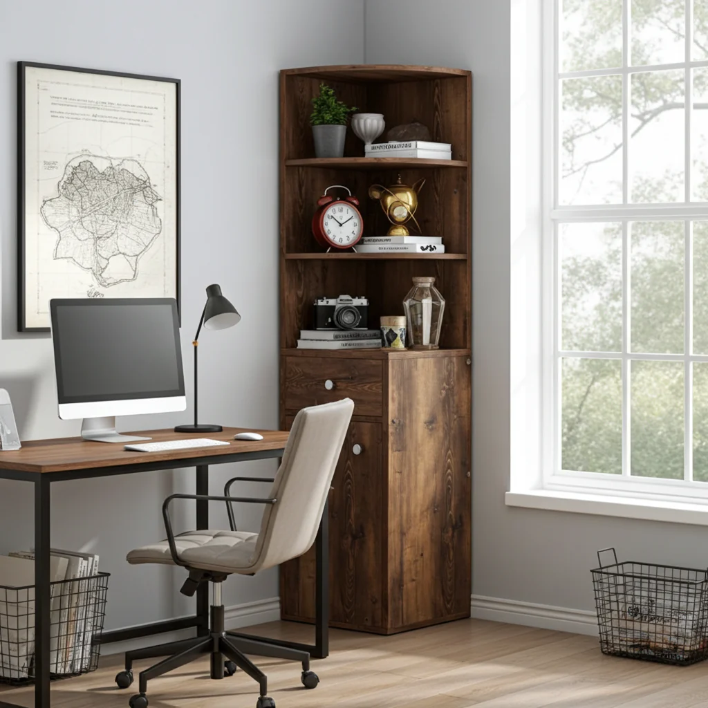 Vision Stylish Rustic Wooden Corner Shelf Unit with Cabinet & Drawer - Image 12