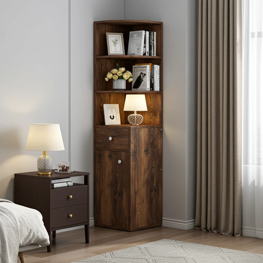 Vision Stylish Rustic Wooden Corner Shelf Unit with Cabinet & Drawer - Image 13