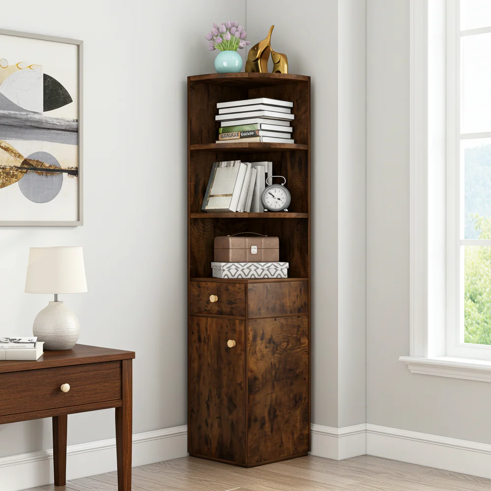 Vision Stylish Rustic Wooden Corner Shelf Unit with Cabinet & Drawer - Image 14